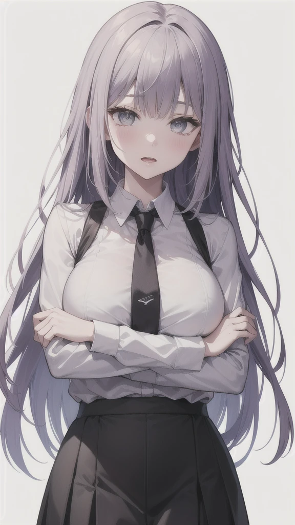 naked, blush, surprised expression, heart eyes, long hair, trembling body, white shirt, black microskirt , necktie, silver hair, purple eyes, NSFW
