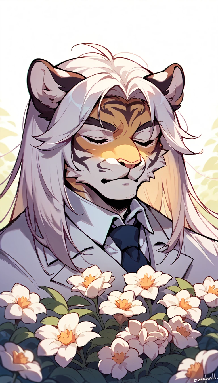 A juvenile tiger, Hairstyle (Long hair), in white suit, with eyes closed, while holding a daffodil, on the face in the middle of a field of flowers behind, bottom, necessary. 