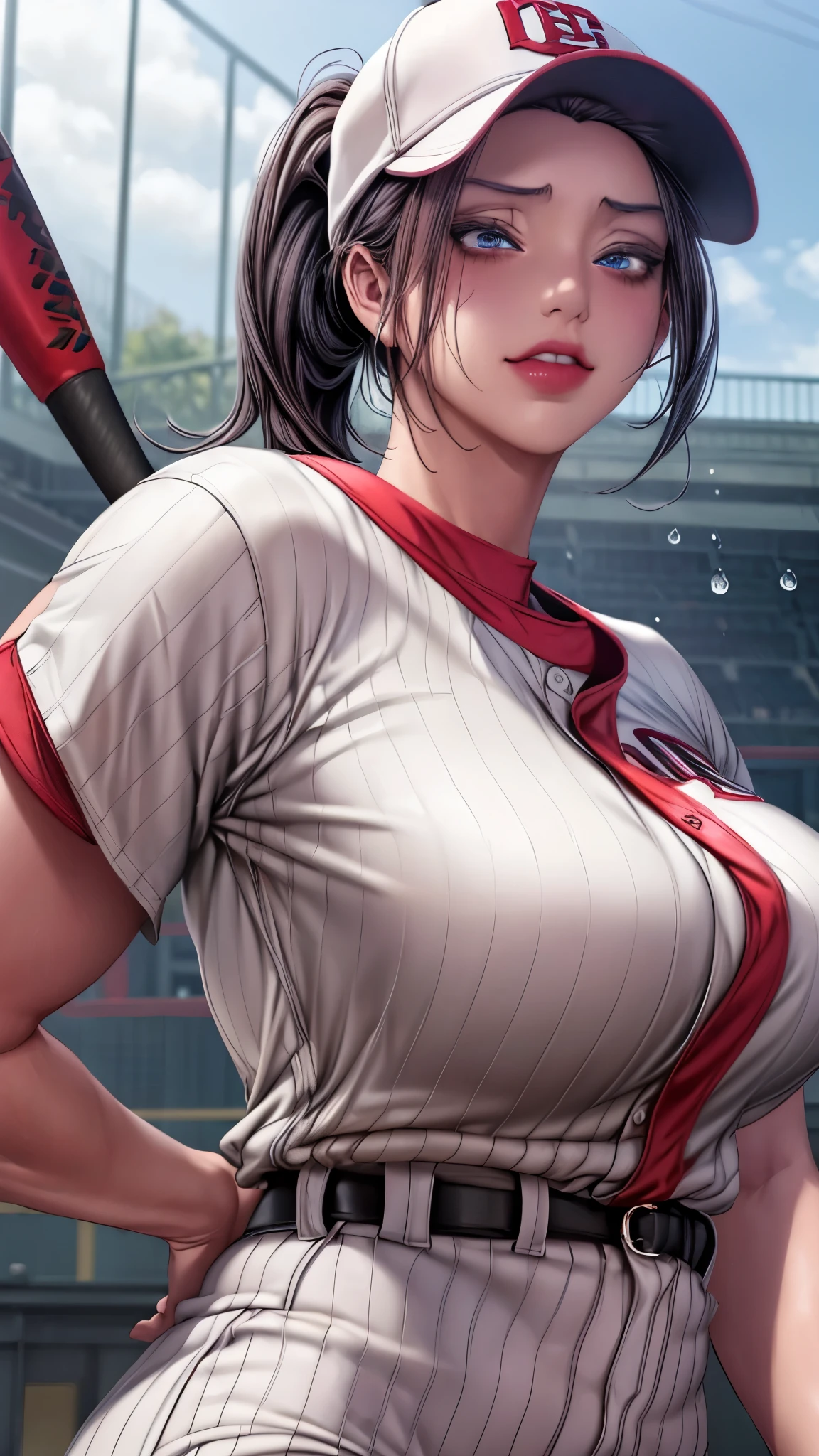 tmasterpiece， highly  detailed， best qualtiy， Ultra-high resolution， 1girll， solo，（Hinata flower proportions：1），Long hair hanging low, Hair Band, Hana's purple eyes, pony tails, Beautiful, Beautiful woman, Perfect body, perfect breastm, Wearing a white baseball shirt, Wearing a baseball cap, On the baseball field, holding a Baseball Bat, view the viewer, Slight smile, Realism, Masterpiece, Textured skin, Super detail, High detail, High quality, Best quality, 1080P, 16k，Big，Be red in the face，Blushlush，perspire，Sweat profusely，There are a lot of water droplets on the face，