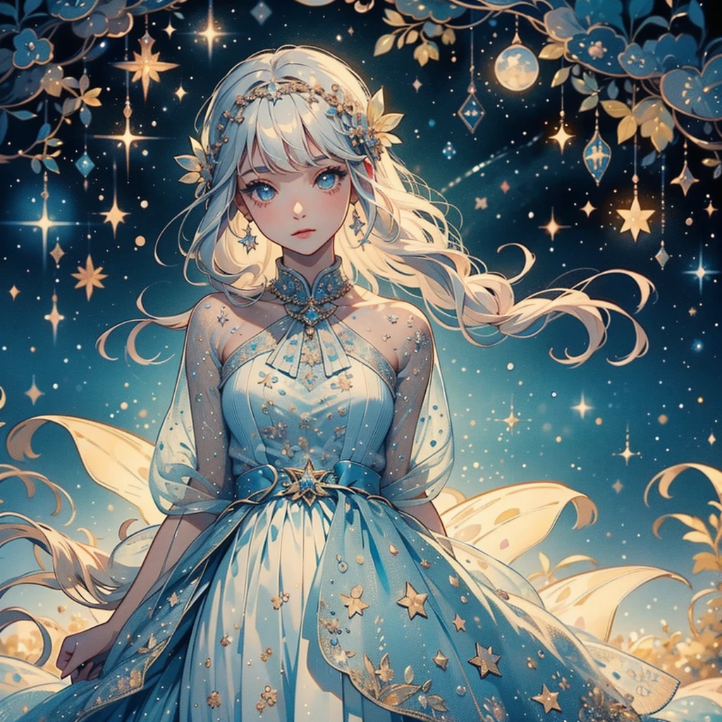 1 Fairy,Highly detailed face、(((Best Quality、masterpiece、Official Art、Super detailed、32K、Full HD、CG、High image quality)))、The best configuration、Golden Ratio、Dramatic lighting、Best Writing、Crescent Moon、star、流star群、star空、starの妖精、Milky white hair、Absurd、 Fantasy 、Diamond decoration、cute、Romantic atmosphere、Long eyelashes、Mysterious、