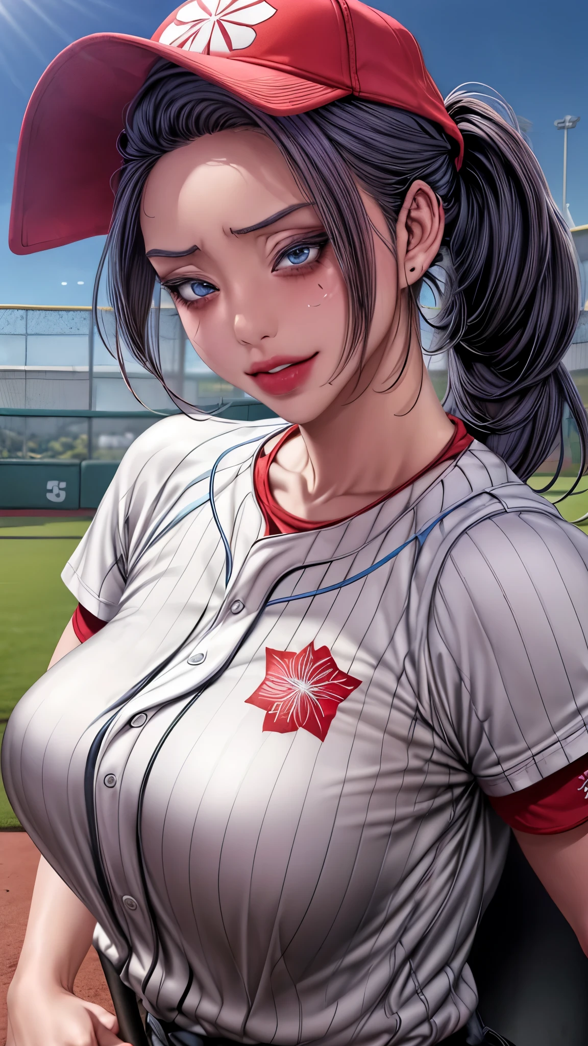 tmasterpiece， highly  detailed， best qualtiy， Ultra-high resolution， 1girll， solo，（Hinata flower proportions：1），Long hair hanging low, Hair Band, Hana's purple eyes, pony tails, Beautiful, Beautiful woman, Perfect body, perfect breastm, Wearing a white baseball shirt, Wearing a baseball cap, On the baseball field, holding a Baseball Bat, view the viewer, Slight smile, Realism, Masterpiece, Textured skin, Super detail, High detail, High quality, Best quality, 1080P, 16k，Big，Be red in the face，Blushlush，perspire，Sweat profusely，There are a lot of water droplets on the face，