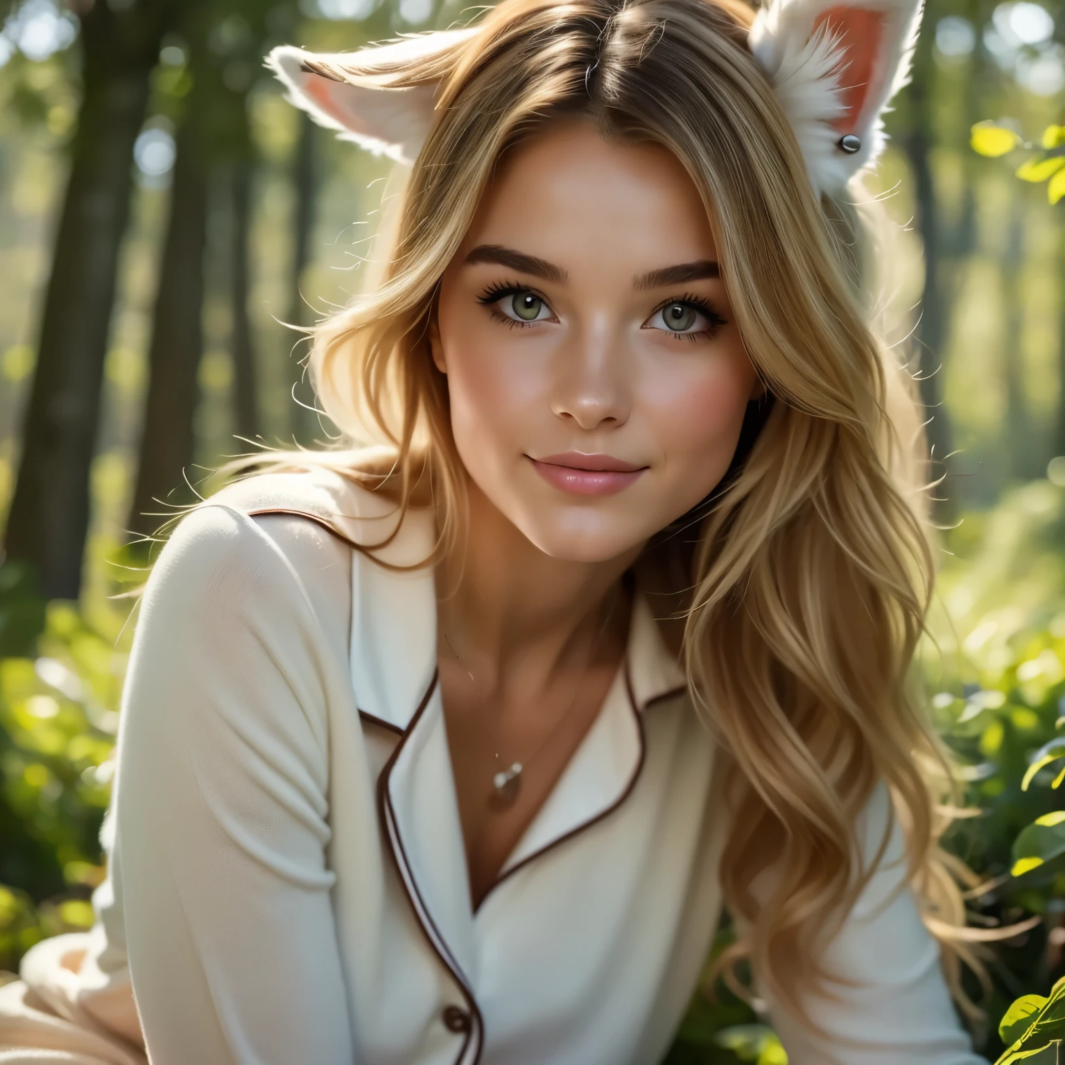 ((close-up face)). A professional high-quality photo, in 4K resolution, captures in realistic detail a charming girl in a fluffy white pajama with ears and foxtail. She is sitting in the middle of an enchanted forest, where every element is portrayed to perfection. The textures of the pajamas, ears and tail are sharp and palpable. Sunlight falls on the leaves and gently illuminates the girl's face, highlighting each delicate and charming expression  