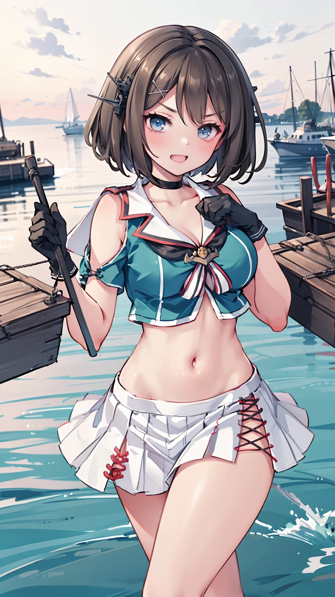 best quality, integrated scenery, integrated background, extremely delicate and beautiful, meticulous details, good composition, , cute face, perfect face, perfect hands,an anime style  ,1young_teen_ girl, brown_hair, medium_bob_hair, blue_midriff_baring_sailor_uniform, mini_skirt, short_sleeve, thighs, large_breasts, (angry_eyebrows:0.8),big_smile,standing,open_legs,large_eyes, harbor_background, slightly_spread_legs, happiness, short_gloves,headgear,(abs:0.7)
