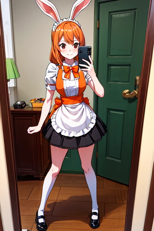  Carrot looking at the camera , full body , maid outfit , camera angle : selfie.