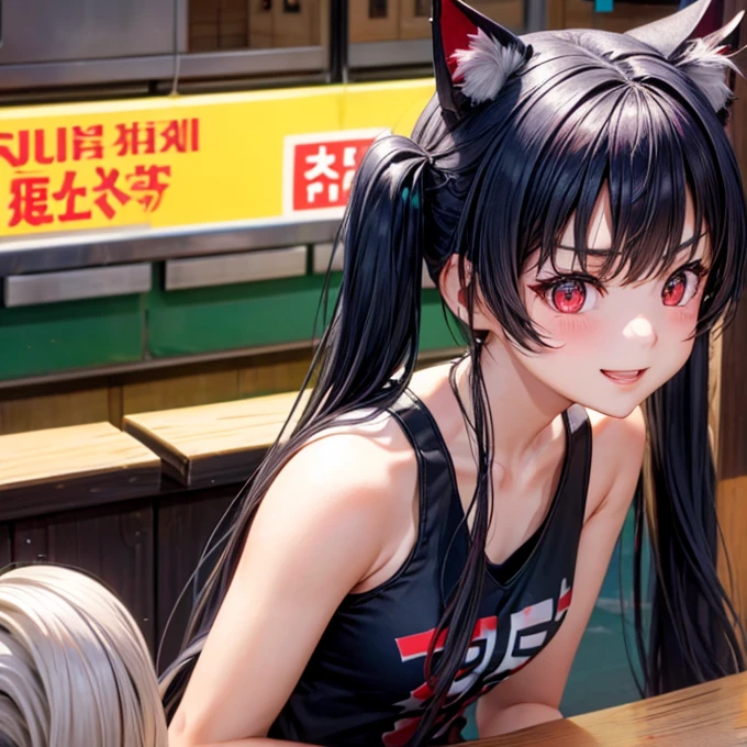 Cat ears　Red Eye　Black Hair　 twin tails (1 Cute Korean Actress), Tank tops, At a ramen shop, smile, Canon EOS, Distinct facial features,  close-up portrait , Cinematic Mode, 8k