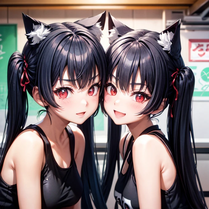 Cat ears　Red Eye　Black Hair　 twin tails (1 Cute Korean Actress), Tank tops, At a ramen shop, smile, Canon EOS, Distinct facial features,  close-up portrait , Cinematic Mode, 8k