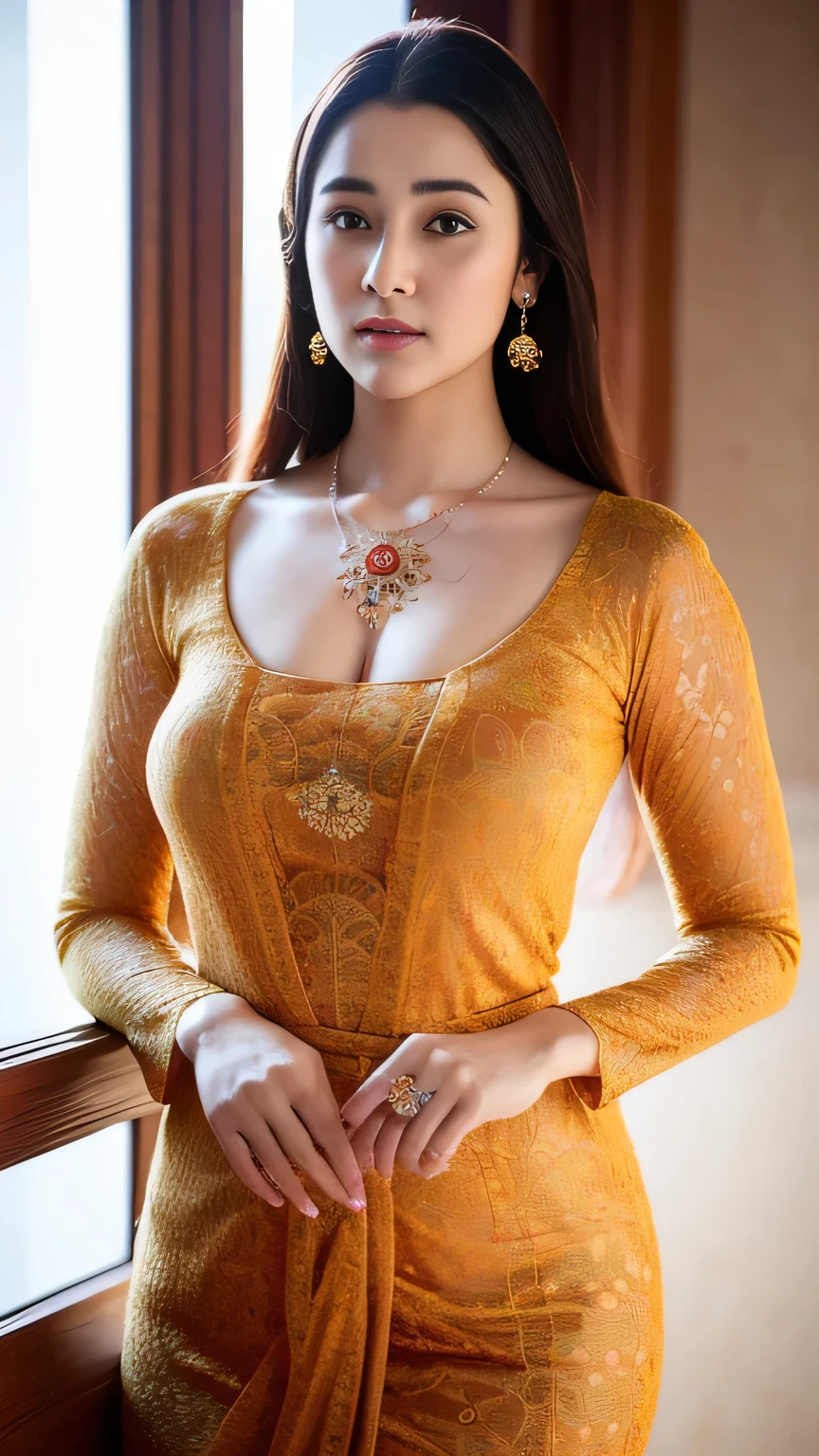 a beautiful girl, Preety Zinta, detailed body tattoos, wearing kebaya dress, beautiful detailed eyes, , cute girl, big breasts, earrings, necklace, Javanese ornaments, photorealistic, 8k, masterpiece, highly detailed, digital painting, vibrant colors, dramatic lighting