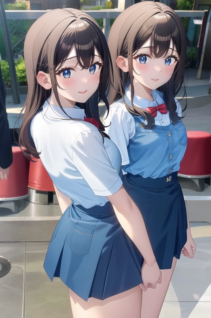 (masterpiece:1.2), best quality,  High Resolution ,  unit 8k wallpaper , (Illustration), Extremely detailed face,  Perfect lighting , extremely detailed CG,  ayaminee, brown hair, blue eyes, blue skirt, white shirt, smile, standing, cowboy atirou,  looking at the spectator , arms behind the back, thighs, small lips