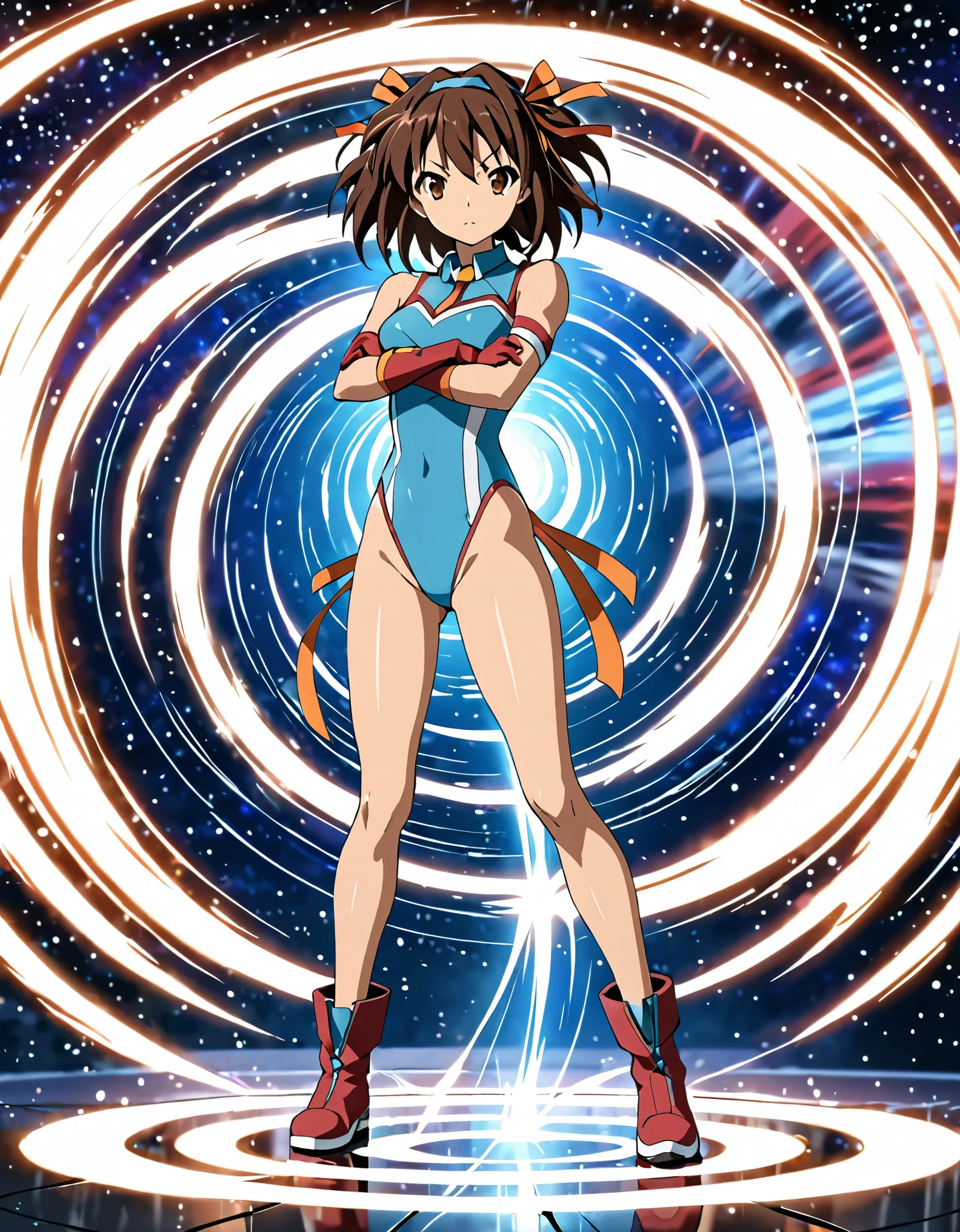 (masterpiece), best quality, high res, 8k, haruhi suzumiya, short hair, brown hair, brown eyes, medium hair, ribbon, hair ribbon, leotard, bare legs, ankle boots, gloves, superhero, (full body, standing straight, full body shot, cowboy shot, superhero, (perfect anatomy). crossed arms, (spinning), (she spins) fast in place like a (tornado), spinning in place, tornado spinning, rapid gyration, (dynamic spin pose), space backdrop, motion blur, speed lines around her, spiral lines around her, tornado, time warp, (spinning energy pulse around her), light particles, motion blur.