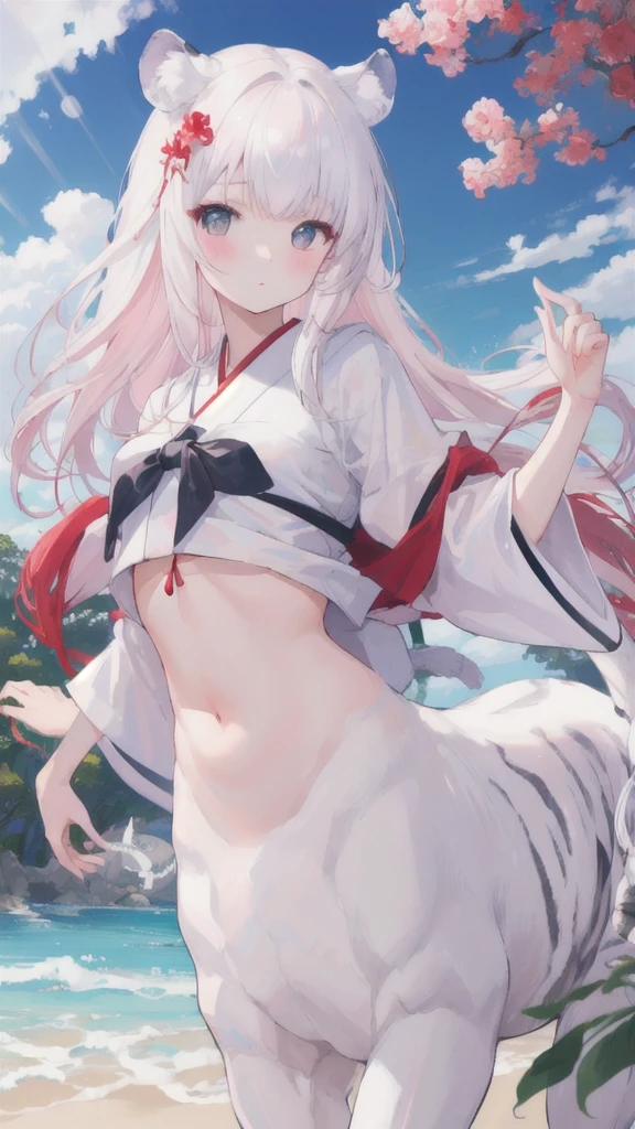 (best quality, masterpiece), 1 girl, centaur, It takes, White skin, Japanese female idol , exposing the abdomen,belly button t-shirt, 아름다운 소녀 perfect wolf photo, perfect wolf photo