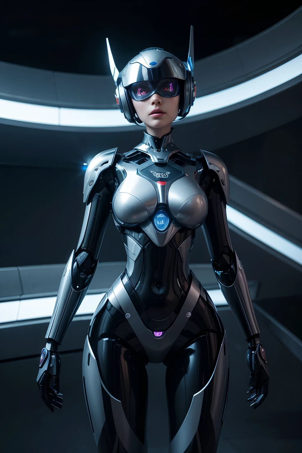 Techwear fashion (masterpiece, high resolution, CGI:1.4), (depicting a futuristic cyborg woman with striking pink hair:1.3), (her eyes emanating a mesmerizing blend of green and blue light:1.2), (a combination of human and robotic elements seamlessly integrated throughout her body:1.3), (her arms replaced with sleek, metallic limbs, adorned with intricate circuits and glowing symbols:1.3), (her legs enhanced with bionic enhancements, allowing her to move with grace and precision:1.2), (her skin featuring a seamless blend of organic and synthetic materials, giving her a unique appearance:1.2), (her robotic enhancements designed with meticulous attention to detail, showcasing a balance of aesthetics and functionality:1.2), (the Canon EOS R6 camera used to digitally capture this stunning creation:1.4), (paired with the Canon RF 85mm f/1.2 L USM lens for precise rendering of her features:1.4), (the laboratory environment exuding a sleek and minimalistic design:1.2), (clean white walls and polished metallic surfaces reflecting the futuristic ambiance:1.2), (subtle neon lights casting a soft glow, enhancing the futuristic atmosphere:1.2), (advanced holographic displays showing complex data and schematics:1.2), (the cyborg woman standing confidently amidst the advanced technology, exuding a sense of power and intelligence:1.2), (a captivating and thought-provoking portrayal of the merging of human and machine:1.2). . Futuristic, cyberpunk, urban, tactical, sleek, dark, highly detailed