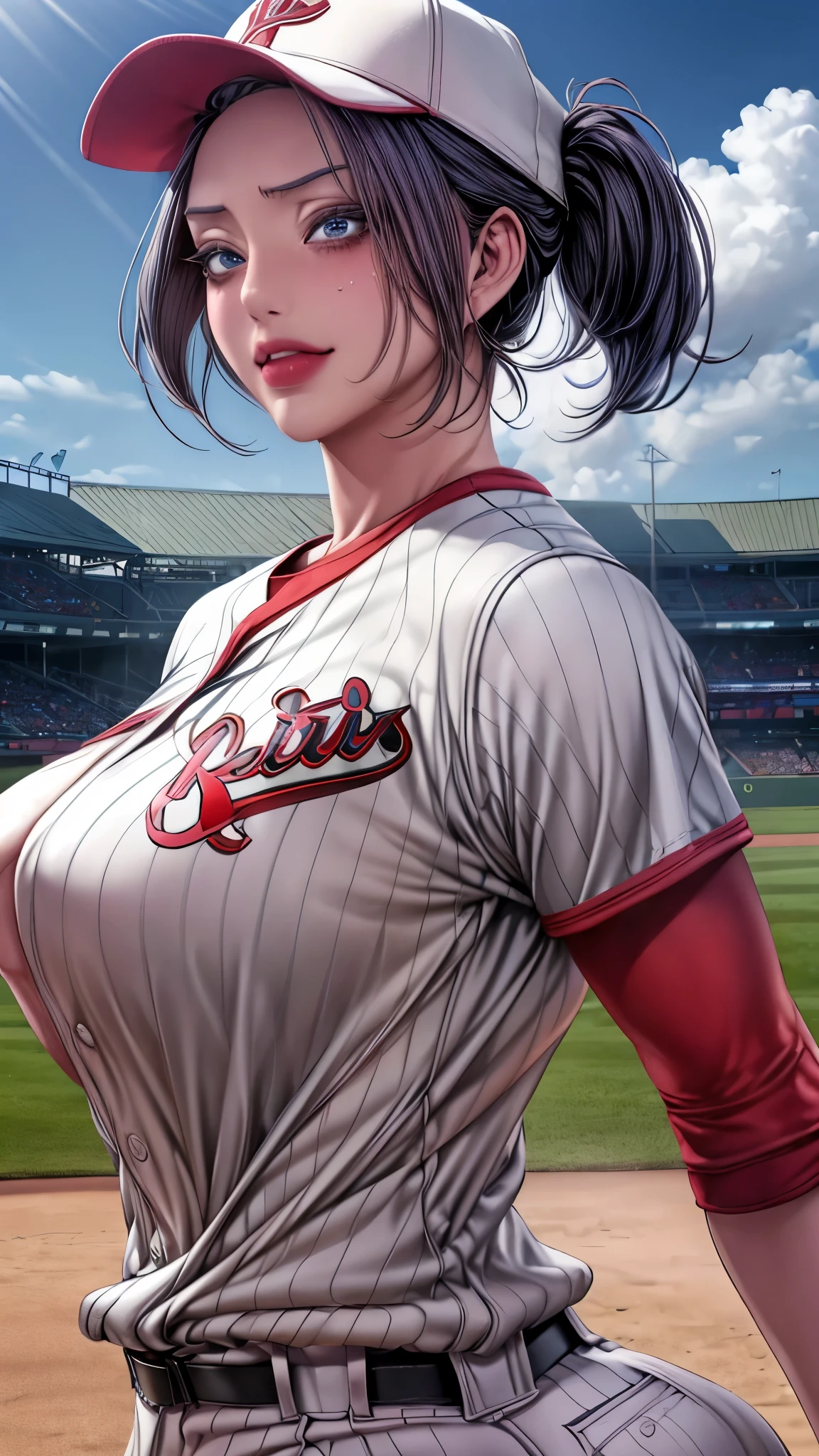 tmasterpiece， highly  detailed， best qualtiy， Ultra-high resolution， 1girll， solo，（Hinata flower proportions：1），Long hair hanging low, Hair Band, Hana's purple eyes, pony tails, Beautiful, Beautiful woman, Perfect body, perfect breastm, Wearing a white baseball shirt, Wearing a baseball cap, On the baseball field, holding a Baseball Bat, view the viewer, Slight smile, Realism, Masterpiece, Textured skin, Super detail, High detail, High quality, Best quality, 1080P, 16k，Big，Be red in the face，Blushlush，perspire，Sweat profusely，There are a lot of water droplets on the face，