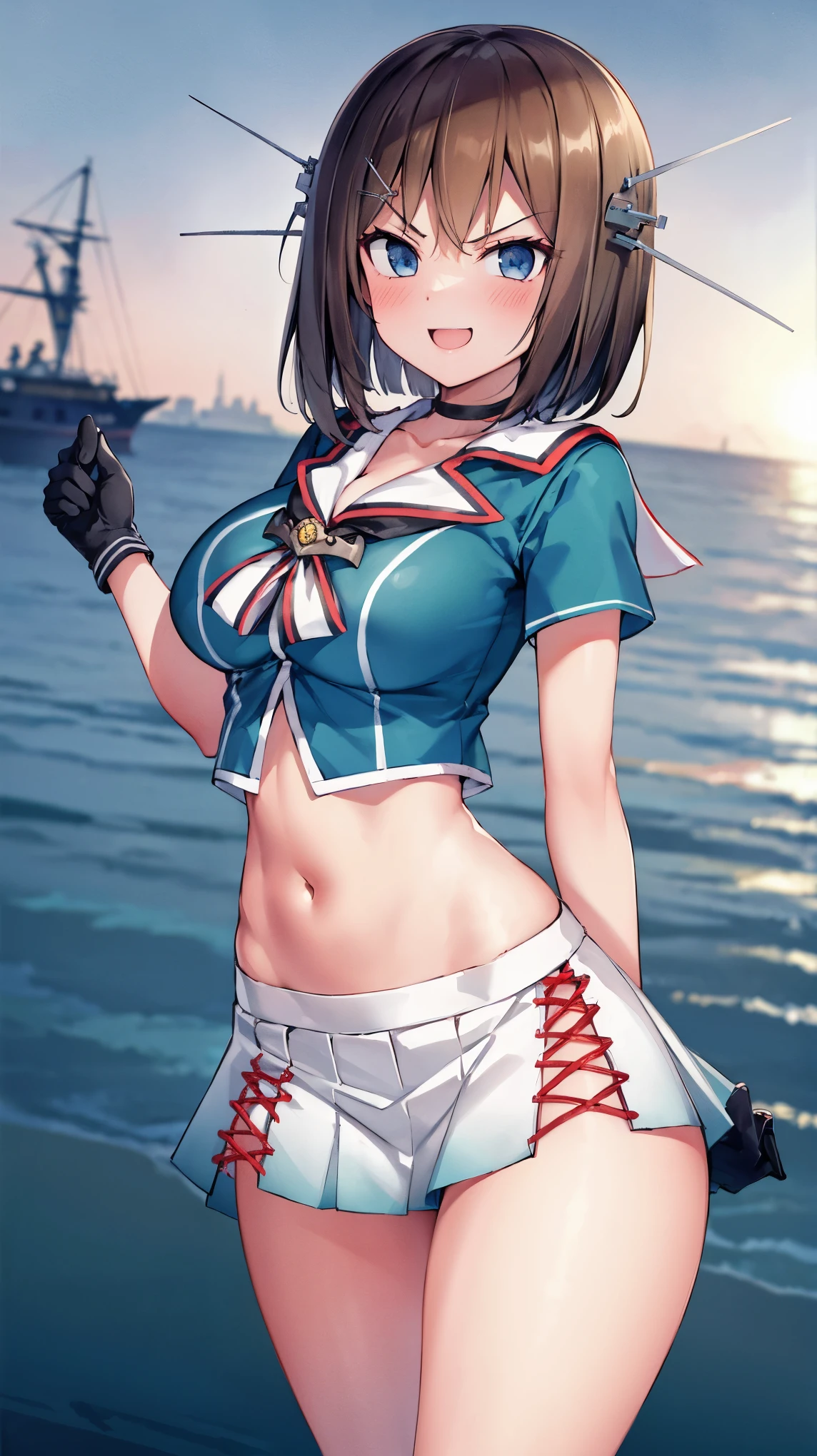 best quality, integrated scenery, integrated background, extremely delicate and beautiful, meticulous details, good composition, , cute face, perfect face, perfect hands,an anime style  ,1young_teen_ girl, brown_hair, medium_bob_hair, blue_midriff_baring_sailor_uniform, mini_skirt, short_sleeve, thighs, large_breasts, (angry_eyebrows:0.8),big_smile,standing,open_legs,large_eyes, harbor_background, slightly_spread_legs, happiness, short_gloves,headgear,(abs:0.7)