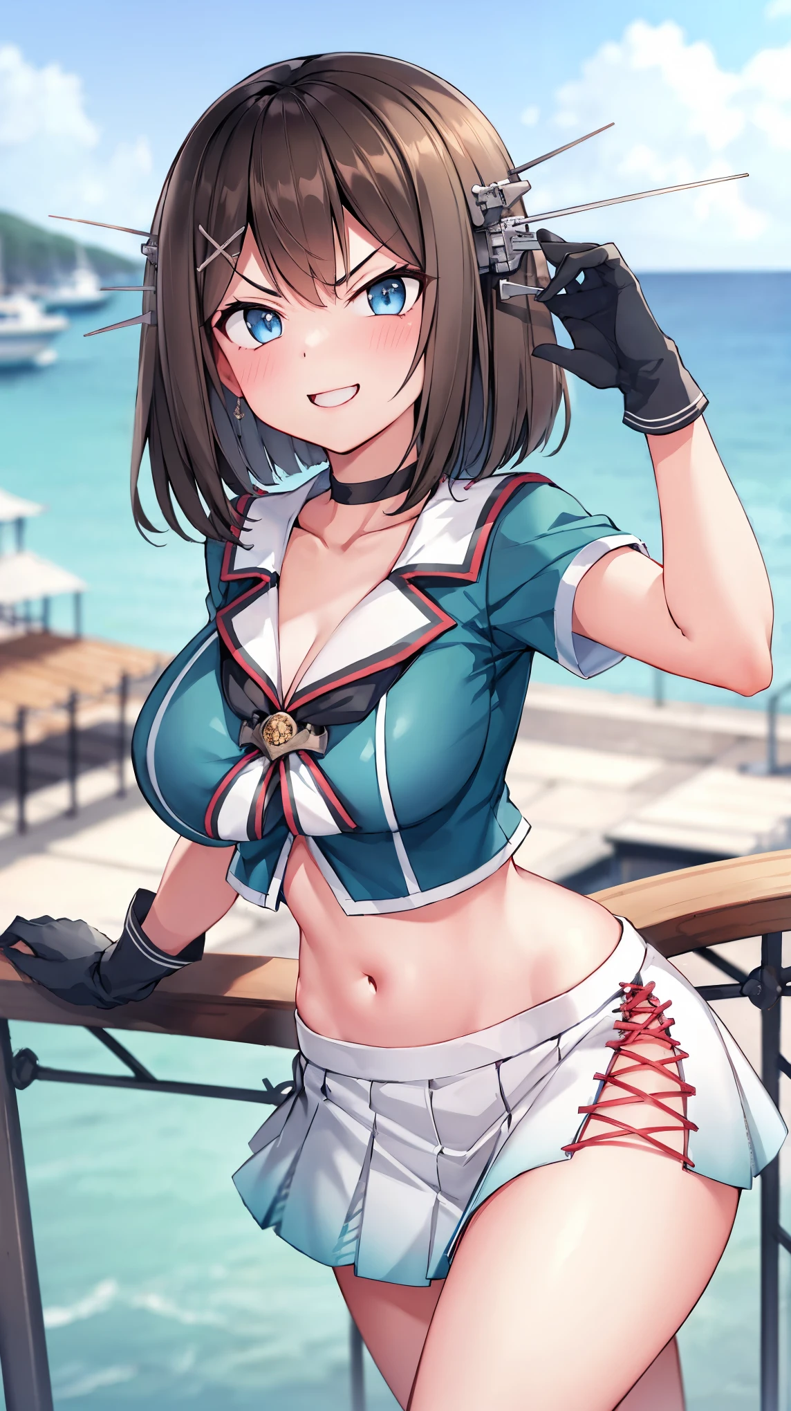 best quality, integrated scenery, integrated background, extremely delicate and beautiful, meticulous details, good composition, , cute face, perfect face, perfect hands,an anime style  ,1young_teen_ girl, brown_hair, medium_bob_hair, blue_midriff_baring_sailor_uniform, mini_skirt, short_sleeve, thighs, large_breasts, (angry_eyebrows:0.8),big_smile,standing,open_legs,large_eyes, harbor_background, slightly_spread_legs, happiness, short_gloves,headgear,(abs:0.7)