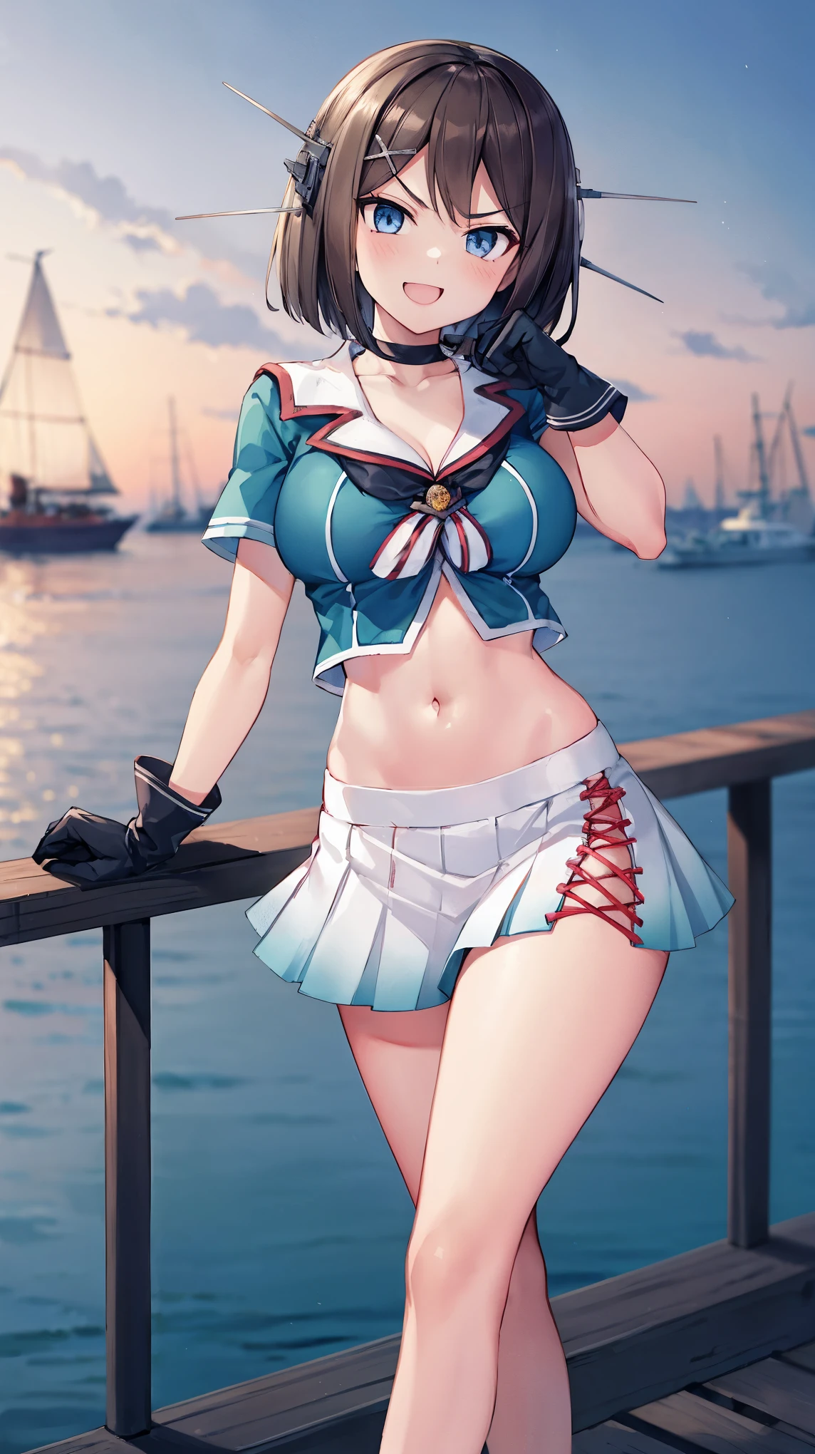 best quality, integrated scenery, integrated background, extremely delicate and beautiful, meticulous details, good composition, , cute face, perfect face, perfect hands,an anime style  ,1young_teen_ girl, brown_hair, medium_bob_hair, blue_midriff_baring_sailor_uniform, mini_skirt, short_sleeve, thighs, large_breasts, (angry_eyebrows:0.8),big_smile,standing,open_legs,large_eyes, harbor_background, slightly_spread_legs, happiness, short_gloves,headgear,(abs:0.7)