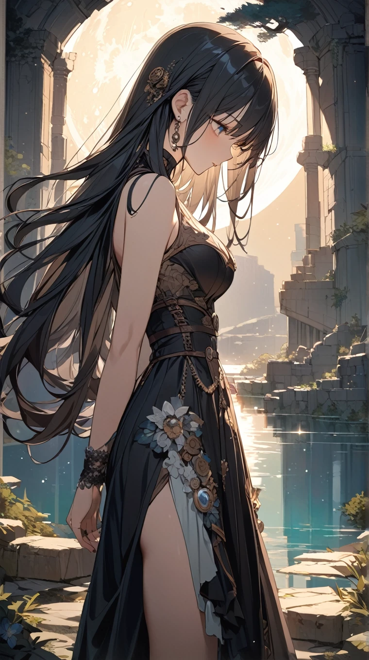 1girl, (solo:1.2), ((masterpiece)), (shadow), [slim], (small breasts), ((sharp focus)), pale skin, blurry background, ((topless)), (bare back), overlooking a forest, on a wooden bridge, ((bare nape)), bare shoulders, standing, (cyan hair), (long skirts), arm bracelets, long hair, faruzandef