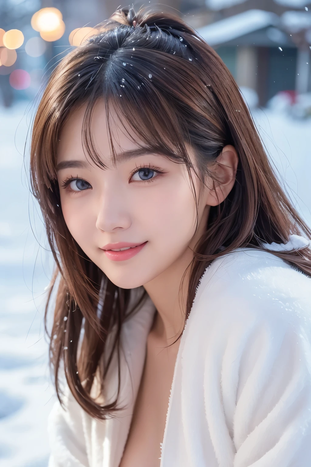 (NSFW:1.1)、 Photorealistic、(Perfect Anatomy)One woman, age 24、Her hairstyle is mullet hair.、The hair color is light brown、Applying blush to the cheeks、Lips with gloss、smile、Snow Mountain、She is wearing winter gear but her breasts are exposed.