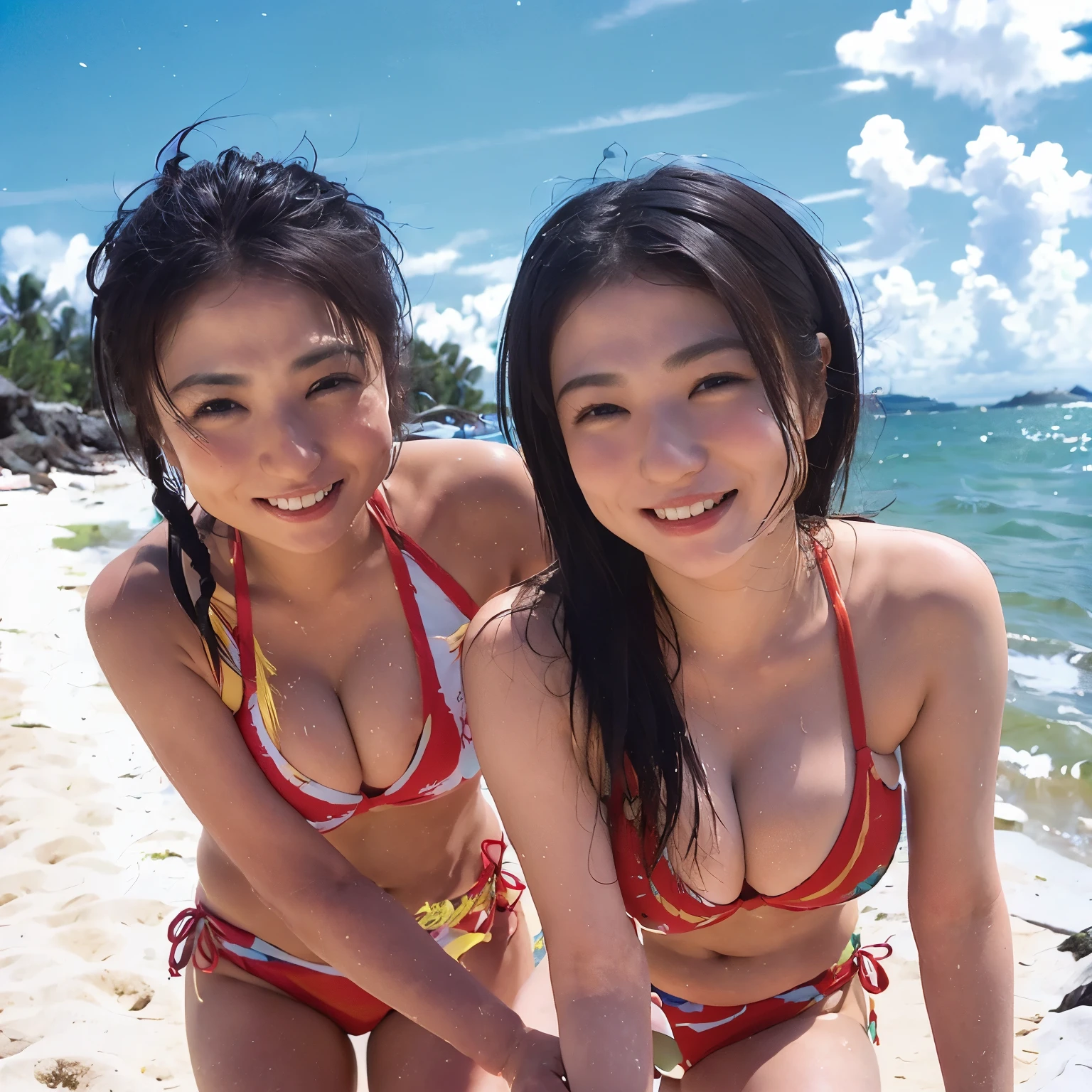 	12.	(Sandy Beach、 twins with the ocean in the background、Similar smiles 、Cinematic Light)
