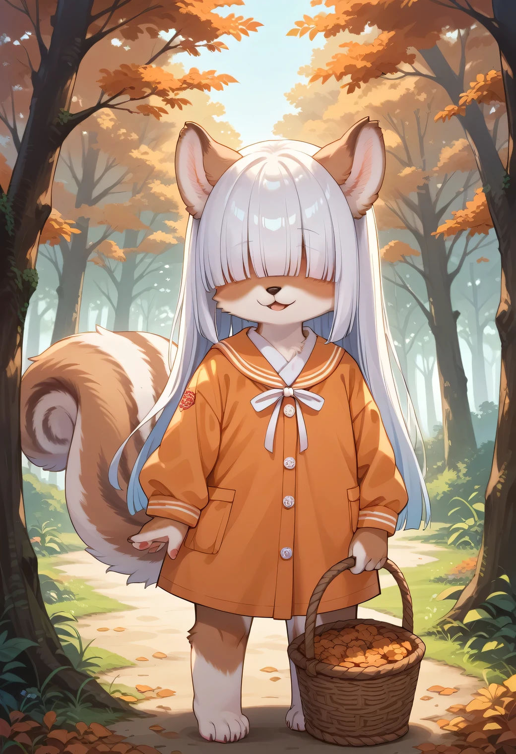 score_9, score_8_up, score_7_up, score_6_up, score_5_up, score_4_up, source_anime, best quality, amazing quality, very aesthetic, absurdres, 1girl, (furry, kemono:1.1), squirrel, (hair over eyes, hair covered eyes, hime cut), A basket full of freshly harvested mushrooms is being held on a sunny autumn day in a forest of thickly foliated trees. Warm colors envelop the entire space, creating a calm and serene atmosphere.