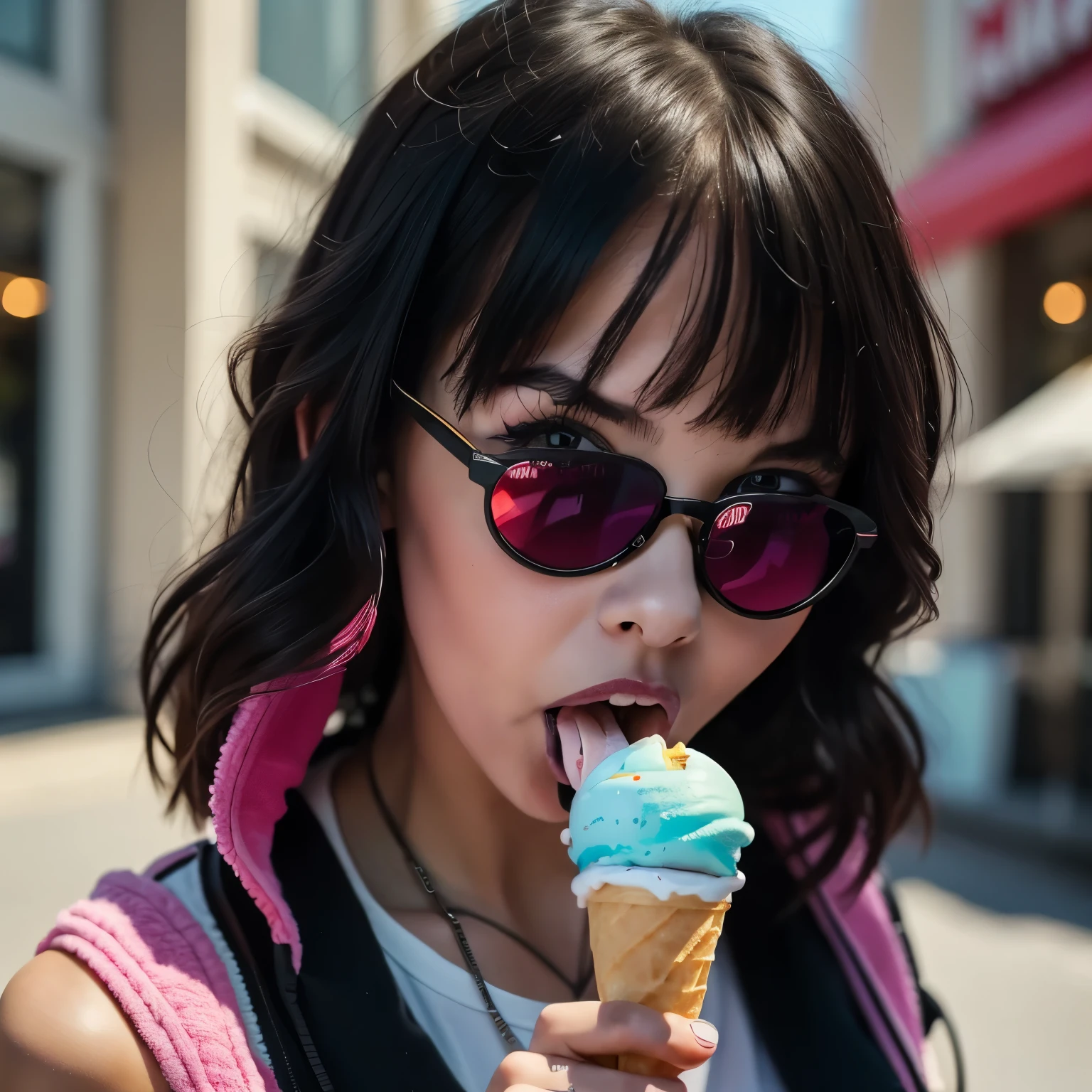 (work of art, best qualityer:1.2), 1 girl, standing alone, high qualiy raw photograph of a young (((goth girl, licking a icecream))) ,  tongue out, ((cut hair with bangs)), vibrant neon colors, cool sunglasses, silhuette, gazing at viewer, praise, ultra HD, precise, texturized skin, super detaill, High details, high qualiy, high resolution, 1080P, 4K