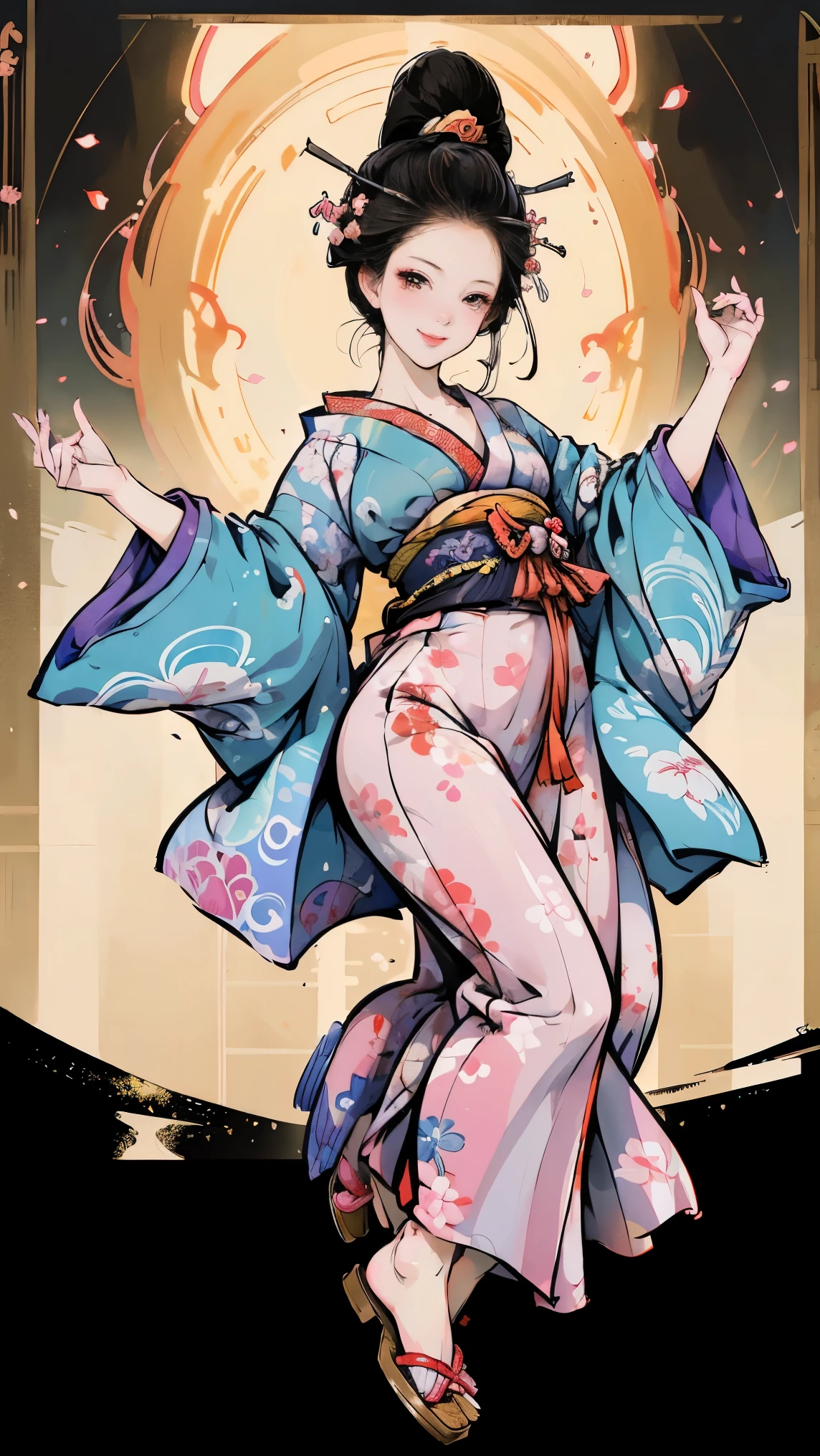 ( creates amazing digital illustrations of beautiful women wearing kimonos), Beautiful woman smiling, Showing upper white teeth, Brightly colored Ukiyo-e style illustration, Brownish black long hair, Beautiful full body style, ((If you want to dance, Dancing to Tokyo Ondo, All right, all right.)), Beautiful New Digital Painting, Bright and vibrant digital anime art, beautiful anime illustration art, The torii gate of a Japanese shrine is in the background., Unique creations and one-of-a-kind depictions , 