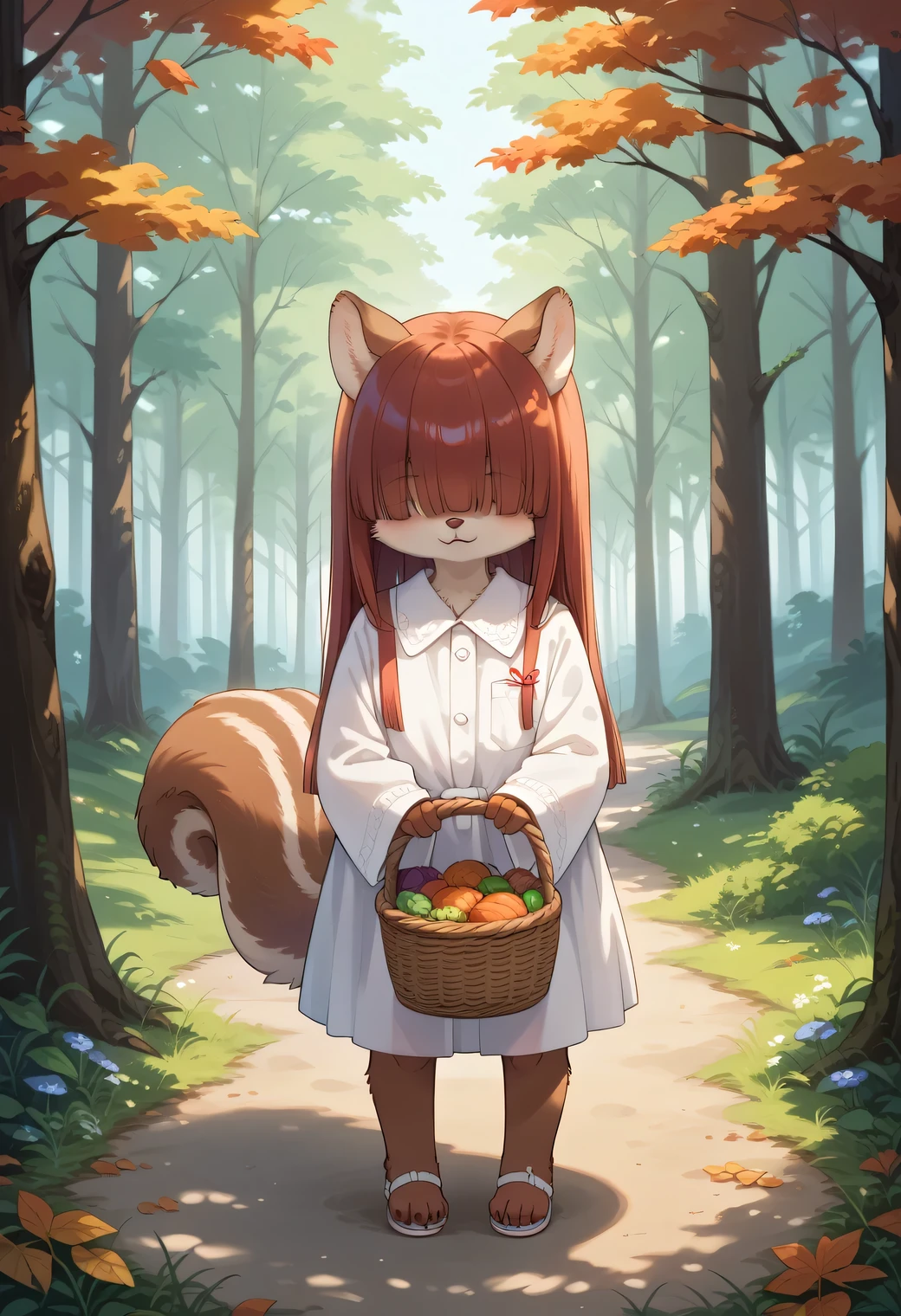 score_9, score_8_up, score_7_up, score_6_up, score_5_up, score_4_up, source_anime, best quality, amazing quality, very aesthetic, absurdres, 1girl, (furry, kemono:1.1), squirrel, (hair over eyes, hair covered eyes, hime cut), A basket full of freshly harvested mushrooms is being held on a sunny autumn day in a forest of thickly foliated trees. Warm colors envelop the entire space, creating a calm and serene atmosphere.