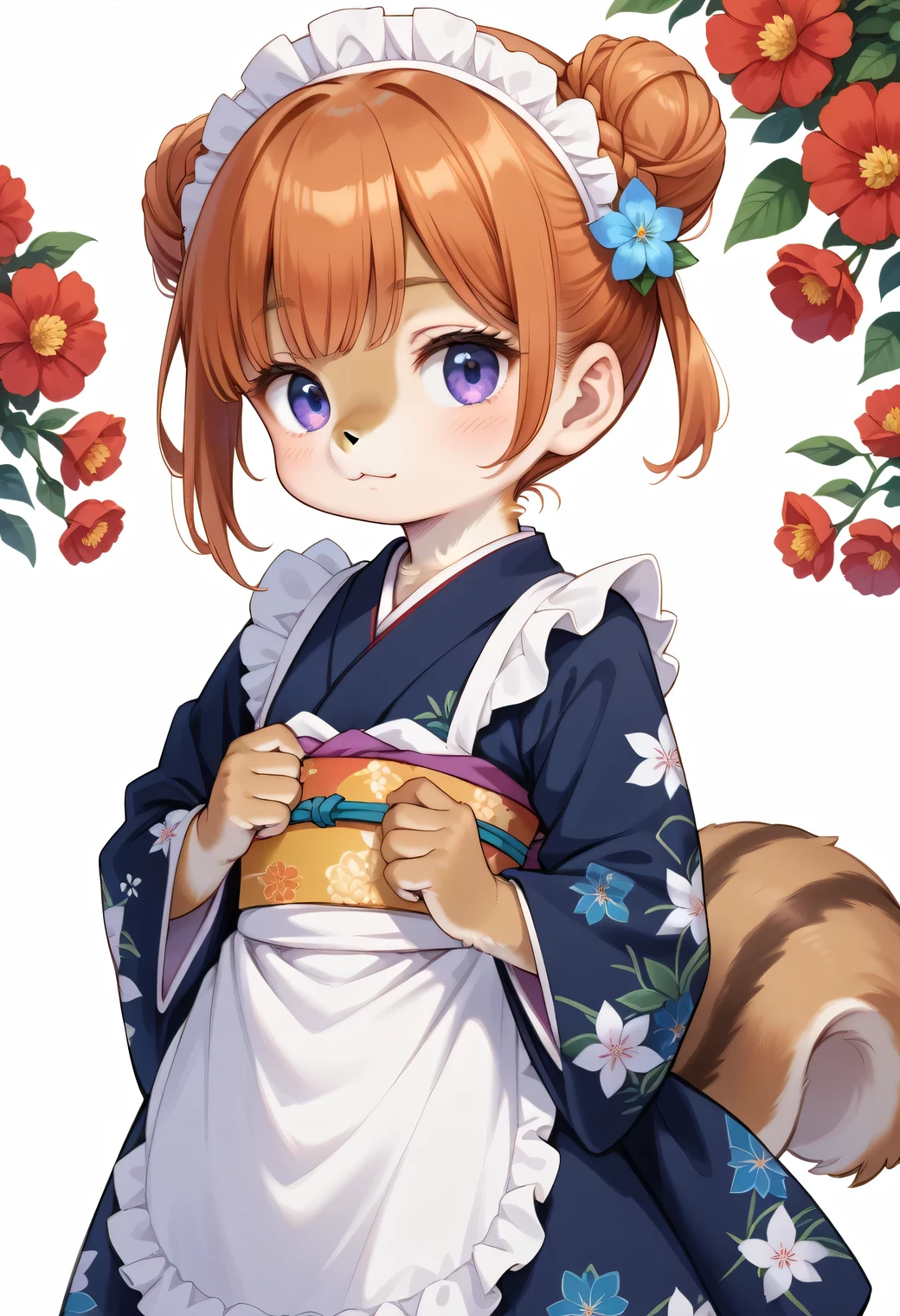 score_9, score_8_up, score_7_up, score_6_up, score_5_up, score_4_up, source_anime, best quality, amazing quality, very aesthetic, absurdres, 1girl, (furry, kemono:1.2), squirrel, solo, japanese clothes, maid headdress, looking at viewer, kimono, double bun, hair bun, maid, flower, apron, floral print, cowboy shot, hair ornament, long sleeves, frills, closed mouth, wa maid, white apron, maid apron, red flower, blue kimono, short hair, orange hair, print kimono, frilled apron, purple eyes, blue eyes, white background, sash, skirt, obi, hair flower, red hair, A detailed digital illustration of a young girl in a kimono-style dress, adorned with red, white, and blue accents. Her hair is adorned with flowers, and her eyes are adorned with blue eyes. The background is a intricate pattern of white, blue, and red.