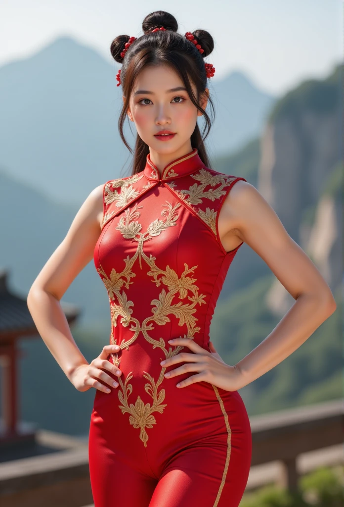 《Street Fight II》Chun-Li,  perfect Chun-li costume , ( red cheongsam with gold thread :1.3), burnhead, Steamed bun cover , Hands on hips, masterpiece、 1 beautiful girl 、Beautiful eyes、Puffy eyes、highest quality, 超high resolution, (Reality: 1.4), Movie Lighting、Japanese、Asian Beauty、South Korea、Super beautiful、Beautiful Skin、Body facing forward、(Standing:1.2), (whole body:1.5)、(super-Reality)、(high resolution)、(8K)、(Very detailed)、(Beautiful and Beautiful eyes)、( Looks super detailed )、Detailed face、Bright Lights、Professional lighting、 looking at the audience 、Look straight ahead、Side bangs、Nogizaka Idol、South Korea偶像、masterpiece, highest quality, masterpiece, highest quality, Perfect face,  perfect brown eyes and white sclera, Bad Move -5, Solitary, 1 girl, Upper body, Brown hair, From SF2, China Services, Smile,  red clothes , (tights:1.3), Pelvic Curtain, Fluffy short sleeves, Good cover, sash, Evaluate: , (Mountain Background:1.3), Blurred Background