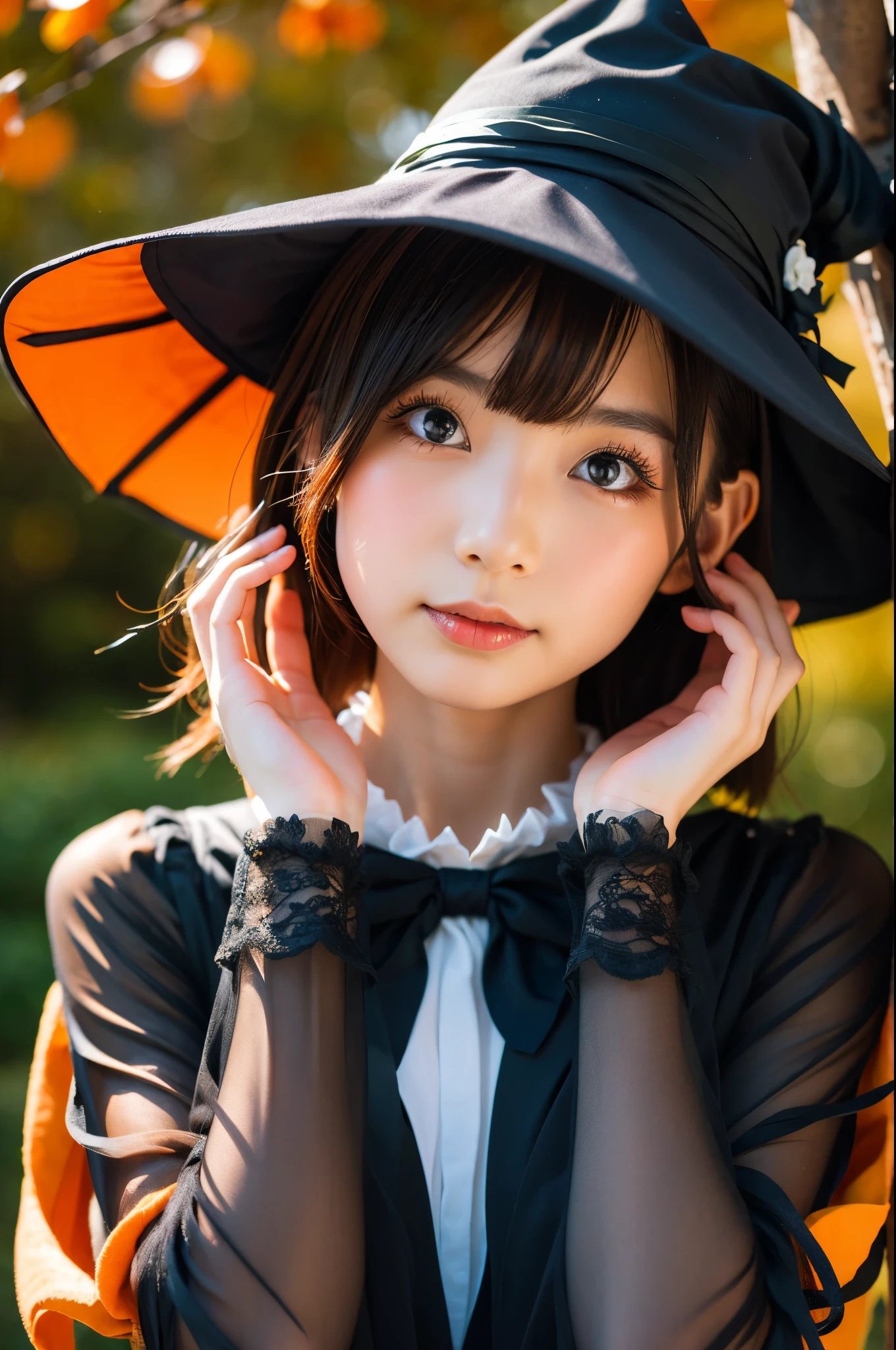 (upper body photo,a japanese girl, detailed face, beautiful detailed eyes, beautiful charming smile, extremely detailed face, cute, anime style, halloween party:2.0), colorful lights, pumpkin decorations, haunted house, fog, spooky atmosphere, (best quality, 4k, highres, masterpiece:1.2), realistic, photorealistic, photo-realistic, vivid colors, intricate details, fantasy, soft lighting, magical
