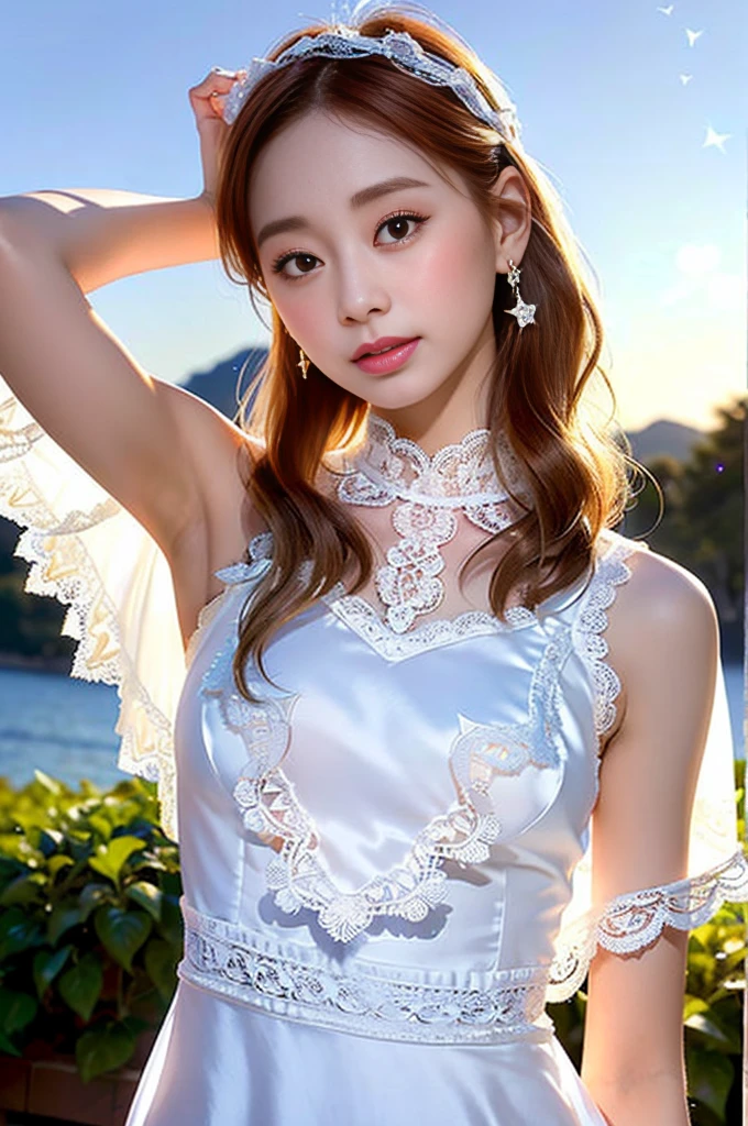 (Highest quality, High resolution, Realistic:1.2), Dramatic lighting, Oil, Detailed skin texture, long flowing hair, Elegant pose, Bright colors, Fine brushwork, Portraiture, Realistic makeup, Strong gaze, Delicate features, Complex background, Professional illustrations、((Lace fabric 1.5)))、Small breasts 1.5、(((See-through dresses 1.4)))、(((Mid-shot photo 1.5)))White background、Gives off a radiant aura、