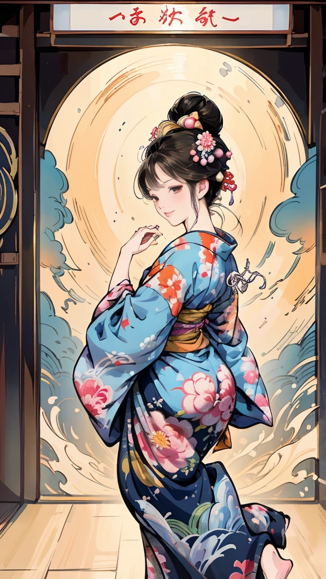 ( creates amazing digital illustrations of beautiful women wearing kimonos), Beautiful woman smiling, Showing upper white teeth, Brightly colored Ukiyo-e style illustration, Brownish black long hair, Beautiful full body style, ((If you want to dance, Dancing to Tokyo Ondo, All right, all right.)), Beautiful New Digital Painting, Bright and vibrant digital anime art, beautiful anime illustration art, The torii gate of a Japanese shrine is in the background., Unique creations and one-of-a-kind depictions , 