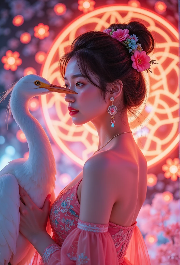 masterpiece, high quality, Best quality, Neon官方艺术,   beautiful and beautiful :1.2), Beautiful Chinese woman egret(1 girl:1.3),  Extremely Detailed,(Fractal Art:1.1 个Neon ),(Colorful:1.1 个Neon)(Flowers:1.3.Neon ),Highest detail,(原来是Neon:1.2), (Dynamic poses), (背景上的抽象Neon:1.3), ( radiant skin ), (multiple colors:1.4.Neon )Full HD, ,(earrings), (feature:1.5) , (flamethrower:1.3),霓虹红背景上的Neon ,Phoenix Neon,Neon,Full HD