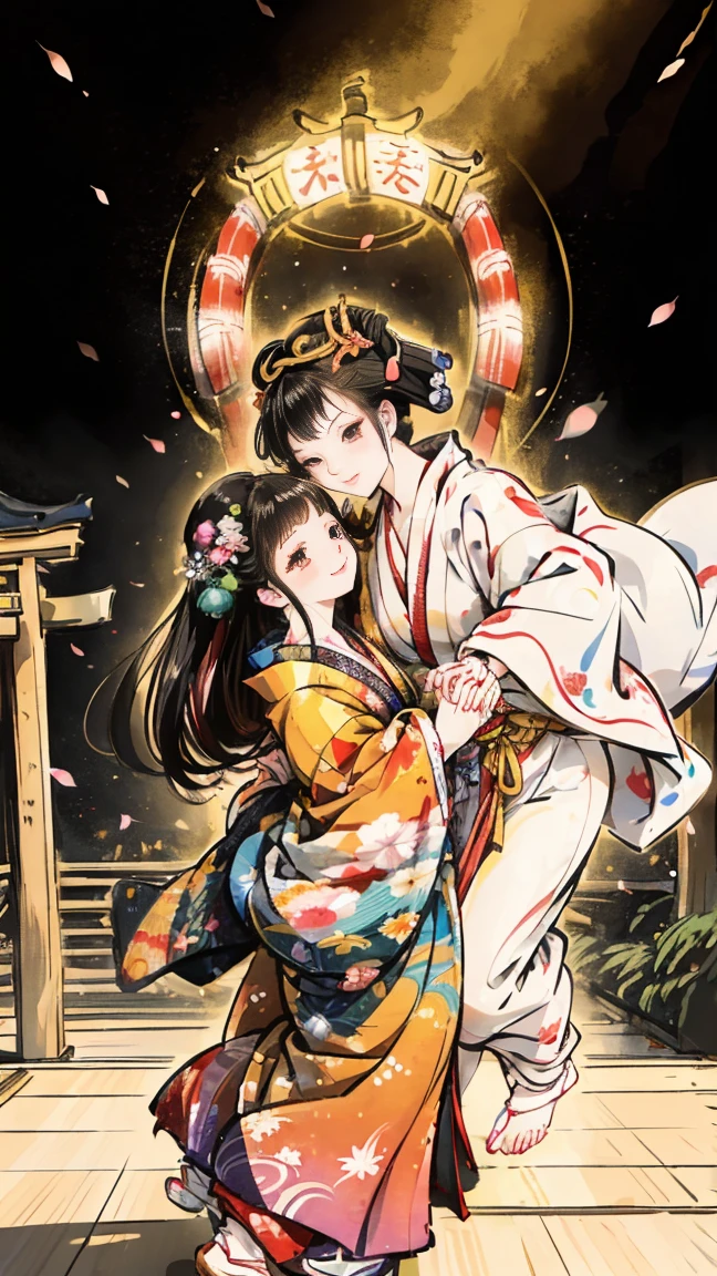 ( creates amazing digital illustrations of beautiful women wearing kimonos), Beautiful woman smiling, Showing upper white teeth, Brightly colored Ukiyo-e style illustration, Brownish black long hair, Beautiful full body style, ((If you want to dance, Dancing to Tokyo Ondo, All right, all right.)), Beautiful New Digital Painting, Bright and vibrant digital anime art, beautiful anime illustration art, The torii gate of a Japanese shrine is in the background., Unique creations and one-of-a-kind depictions , 