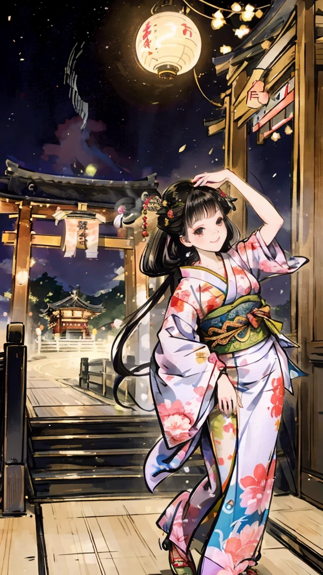 ( creates amazing digital illustrations of beautiful women wearing kimonos), Beautiful woman smiling, Showing upper white teeth, Brightly colored Ukiyo-e style illustration, Brownish black long hair, Beautiful full body style, ((If you want to dance, Dancing to Tokyo Ondo, All right, all right.)), Beautiful New Digital Painting, Bright and vibrant digital anime art, beautiful anime illustration art, The torii gate of a Japanese shrine is in the background., Unique creations and one-of-a-kind depictions , 