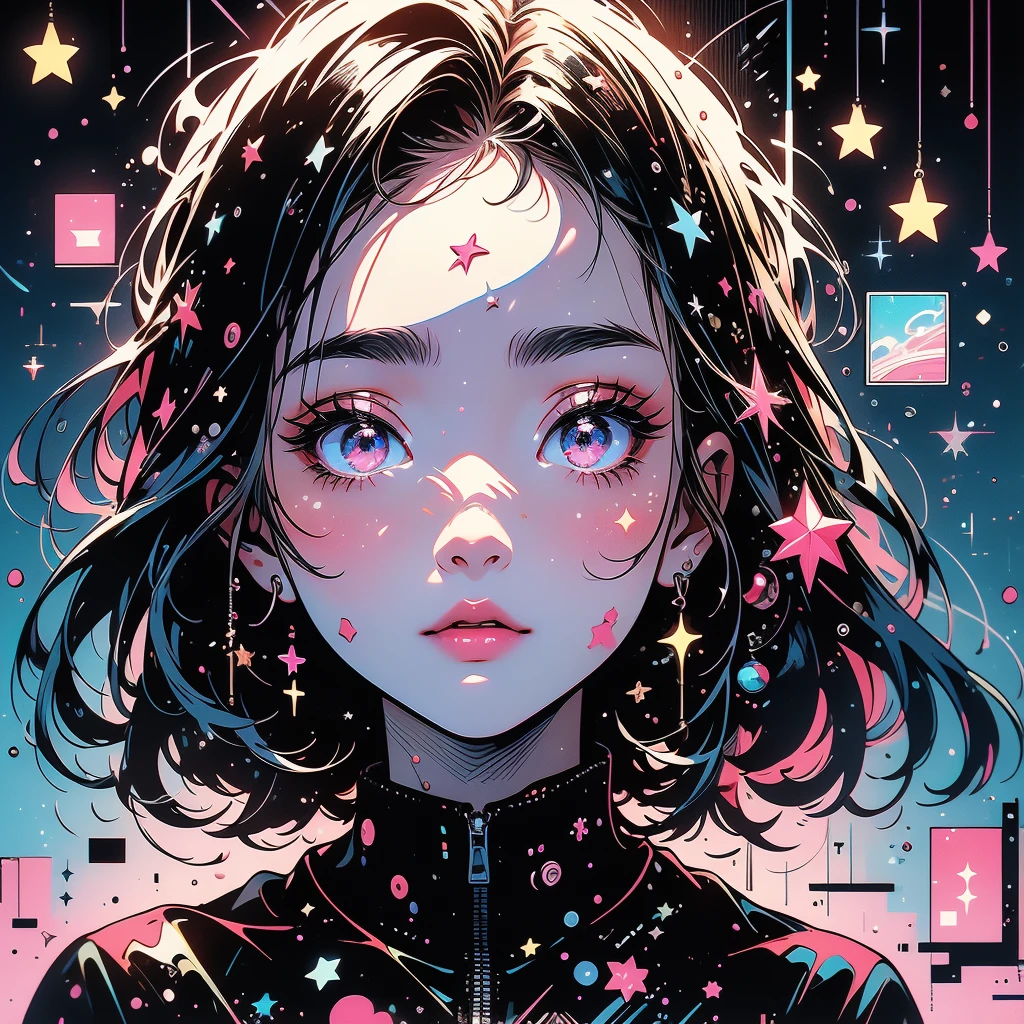 1girl,(((The best composition、Best Quality、最高masterpiece、Ultra high definition、Super detailed、HHD)))、 Main color is red pink, ゴスCyberpunk、 milky way銀河の背景,neon,Cyberpunk, Best Quality, masterpiece, Absurd, simple background red pink,star、star空、milky way、流star群、Cybergoth、neonライト、