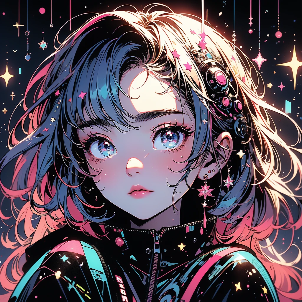 1girl,(((The best composition、Best Quality、最高masterpiece、Ultra high definition、Super detailed、HHD)))、 Main color is red pink, ゴスCyberpunk、 milky way銀河の背景,neon,Cyberpunk, Best Quality, masterpiece, Absurd, simple background red pink,star、star空、milky way、流star群、Cybergoth、neonライト、