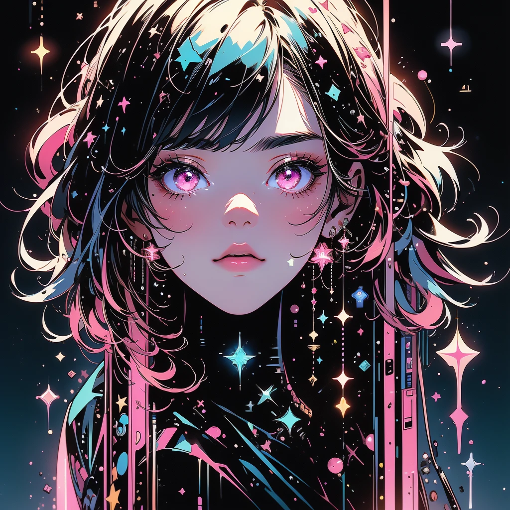 1girl,(((The best composition、Best Quality、最高masterpiece、Ultra high definition、Super detailed、HHD)))、  main color is red pink, ゴスCyberpunk、 milky way銀河の背景,neon,Cyberpunk, Best Quality, masterpiece, Absurd, simple background red pink,star、star空、milky way、流star群、Cybergoth、neonライト、Full-body portrait、neonライトの縁取り、