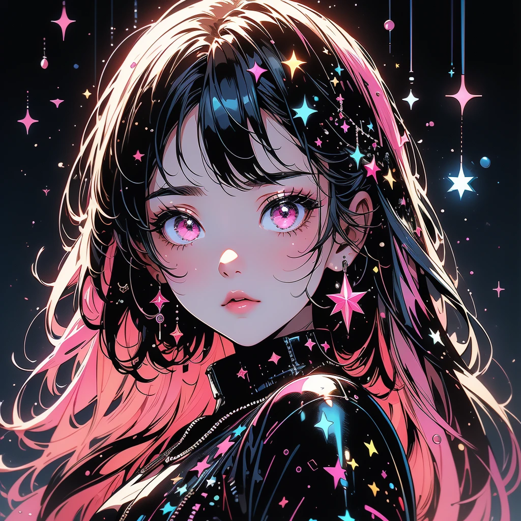 1girl,(((The best composition、Best Quality、最高masterpiece、Ultra high definition、Super detailed、HHD)))、  main color is red pink, ゴスCyberpunk、 milky way銀河の背景,neon,Cyberpunk, Best Quality, masterpiece, Absurd, simple background red pink,star、star空、milky way、流star群、Cybergoth、neonライト、Full-body portrait、neonライトの縁取り、