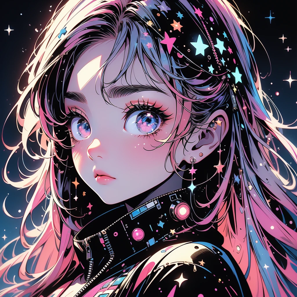 1girl,Handsome face、cute、(((The best composition、Best Quality、最高masterpiece、Ultra high definition、Super detailed、HHD)))、  main color is red pink, ゴスCyberpunk、 milky way銀河の背景,neon,Cyberpunk, Best Quality, masterpiece, Absurd, simple background red pink,star、star空、milky way、流star群、Cybergoth、neonライト、Full-body portrait、neonライトの縁取り、