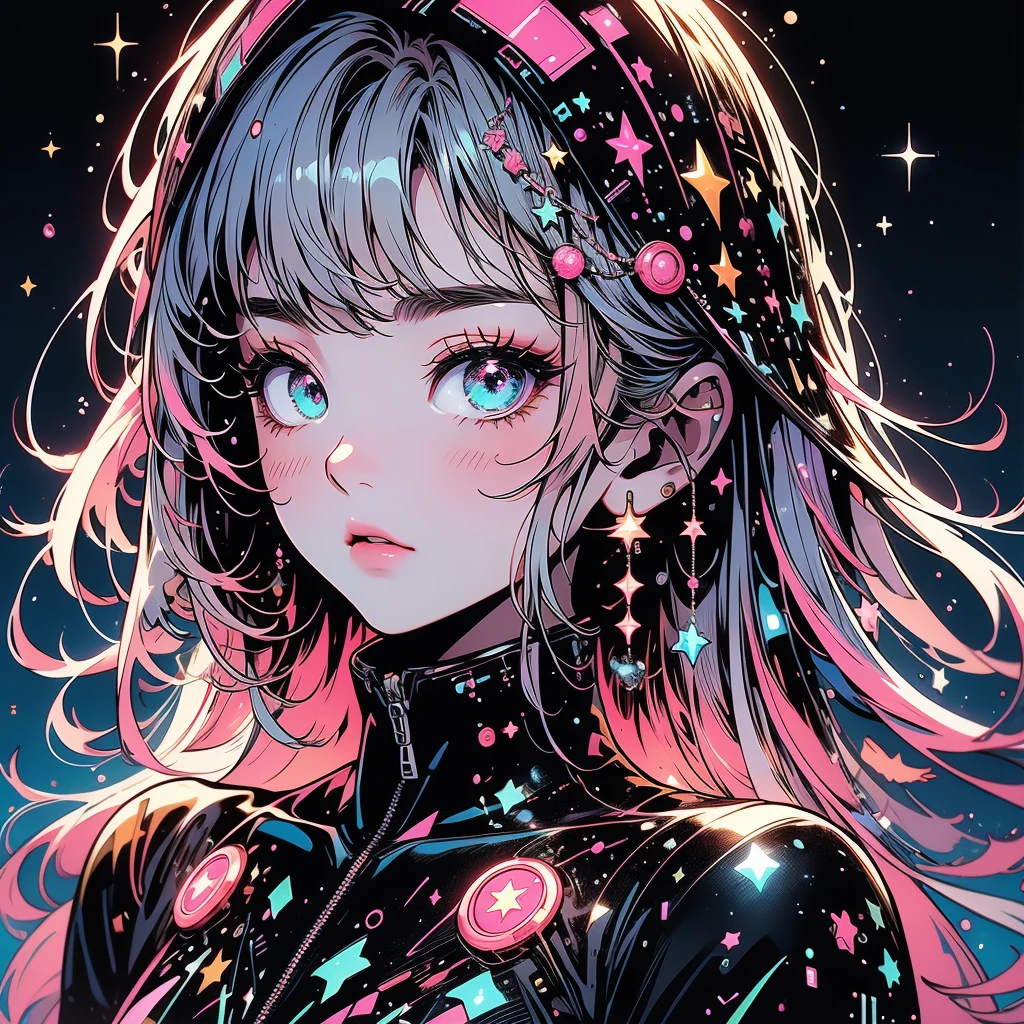 1girl,Handsome face、cute、(((The best composition、Best Quality、最高masterpiece、Ultra high definition、Super detailed、HHD)))、  main color is red pink, ゴスCyberpunk、 milky way銀河の背景,neon,Cyberpunk, Best Quality, masterpiece, Absurd, simple background red pink,star、star空、milky way、流star群、Cybergoth、neonライト、Full-body portrait、neonライトの縁取り、