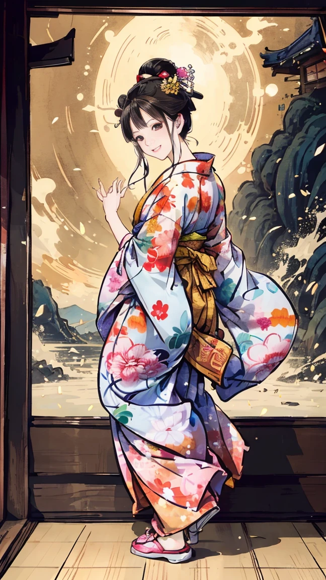 ( creates amazing digital illustrations of beautiful women wearing kimonos), Beautiful woman smiling, Showing upper white teeth, Brightly colored Ukiyo-e style illustration, Brownish black long hair, Beautiful full body style, ((If you want to dance, Dancing to Tokyo Ondo, All right, all right.)), Beautiful New Digital Painting, Bright and vibrant digital anime art, beautiful anime illustration art, The torii gate of a Japanese shrine is in the background., Unique creations and one-of-a-kind depictions , 