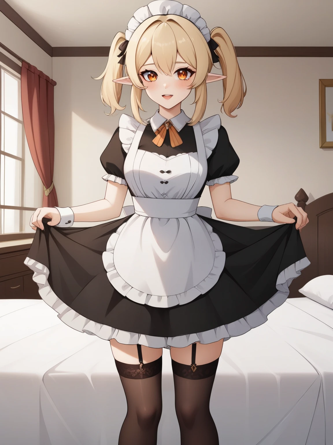 Klee. Genshin Impact. Age: she is ten years old. 
Appearance: pale skin, orange eyes, blonde hair in pigtails, and elf ears. 
Clothing: red maid dress. stockings.
bedroom