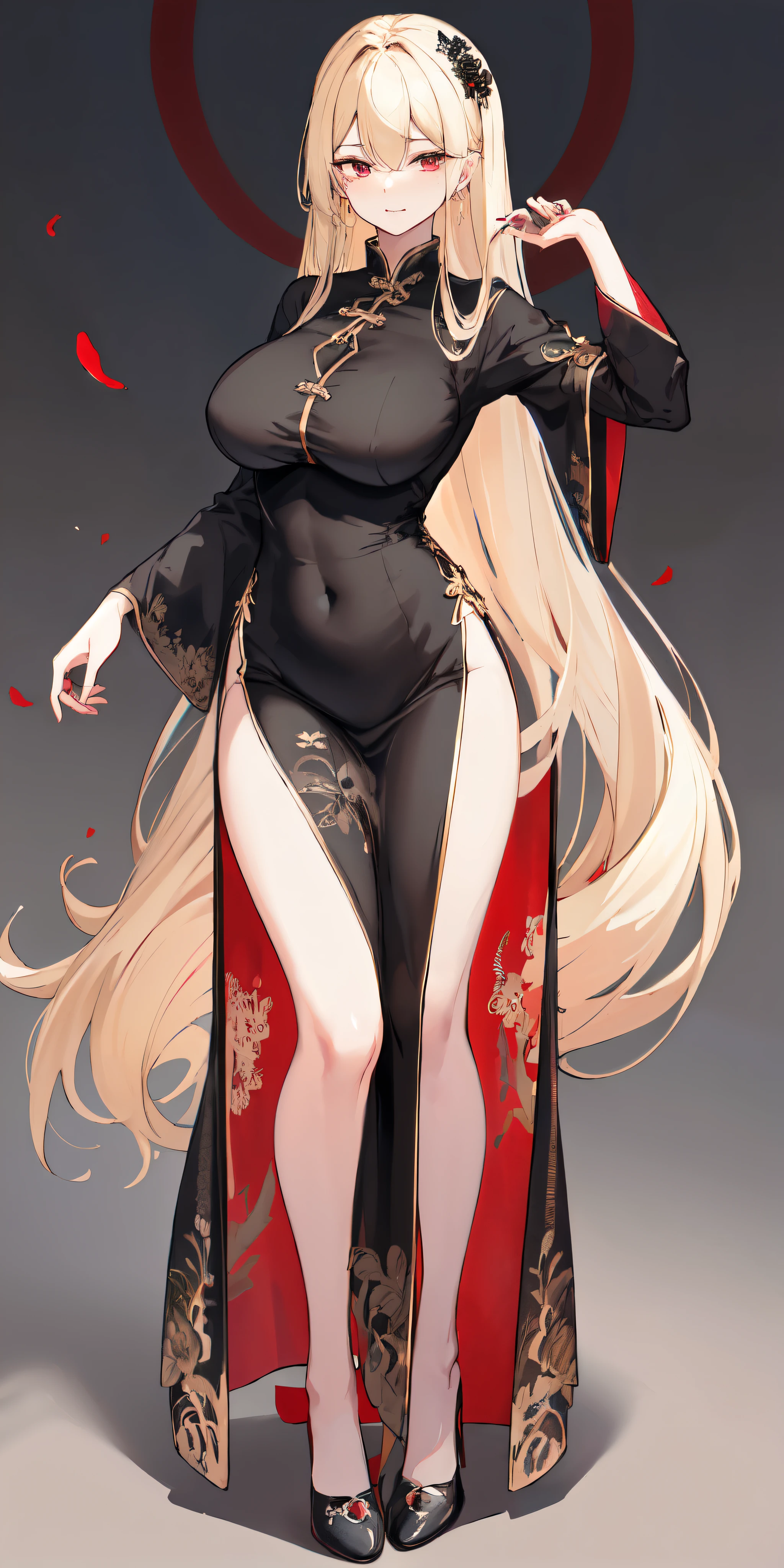 (masterpiece, best quality, high resolution, ((full body, standing,))((huge breasts )) 1 woman, a magical fantasy Asian echisera, black fantasy full-body Asian echisera kimono, very Asian-style long blonde hair, , evil smile, ((full body))
