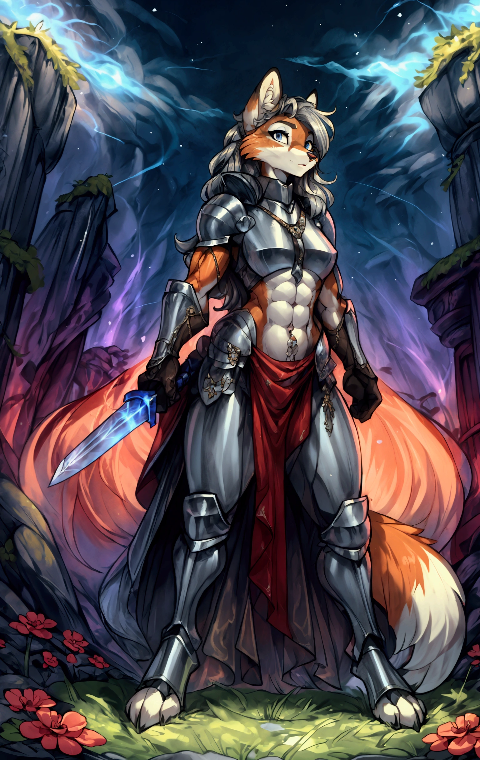 Anthropomorphic fox, female, overwhelming presence, knight armor, long flowing flowery hair, heroic pose, wielding a sword and a shield, vibrant colors, fantasy battlefield background, muscular, well-toned abs, sexy