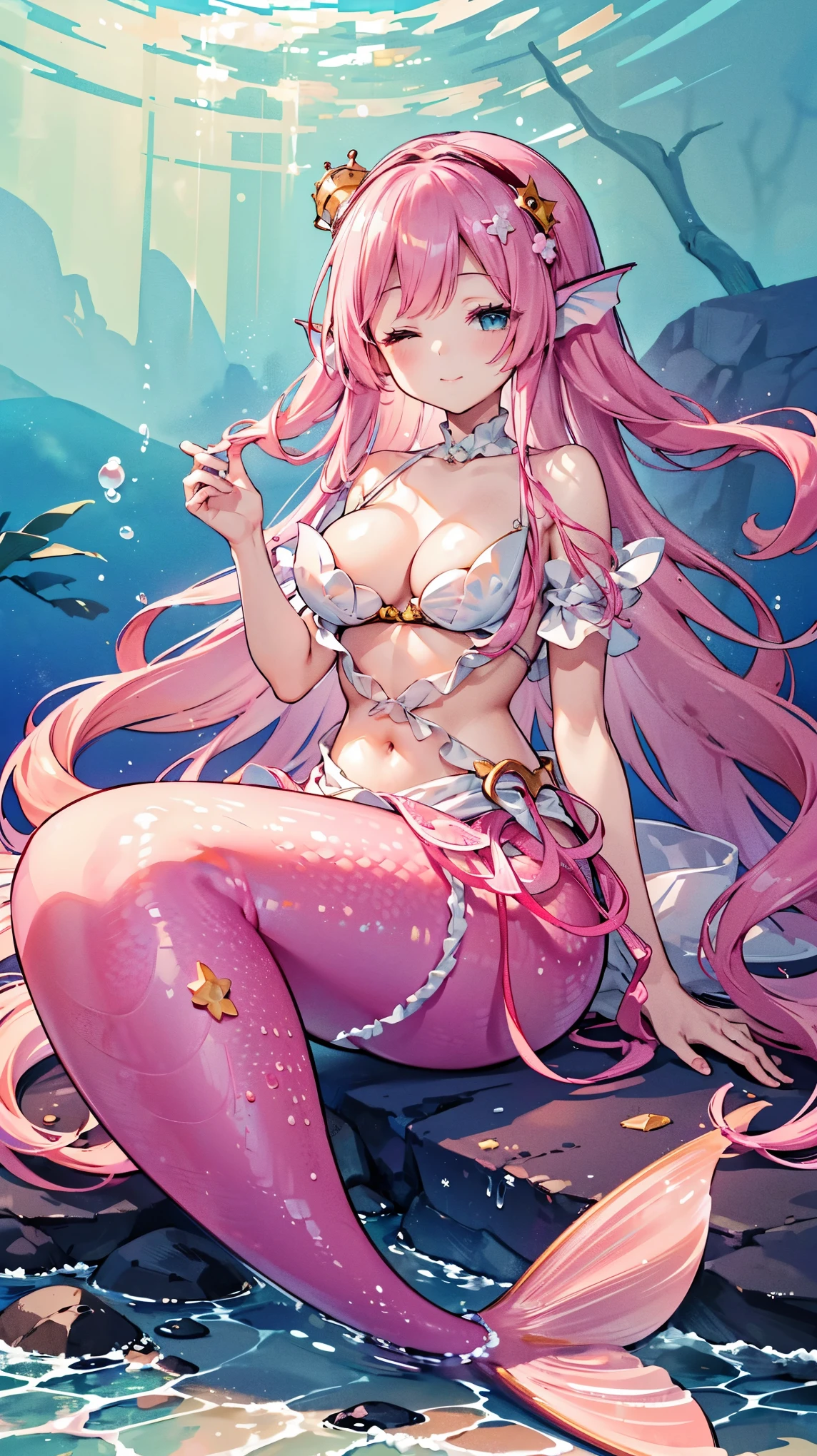 (masterpiece,  best quality),(Full fingers),A girl,Pink Hair,Hair accessories, white dress,Head fin,Solitary,Big breasts,Mermaid,粉色的Mermaid尾巴,Full body photo,(Underwater:1.2),seabed,charming face(Kawaii, charming,Soft),Smile,With eyes closed,Sitting on the rock