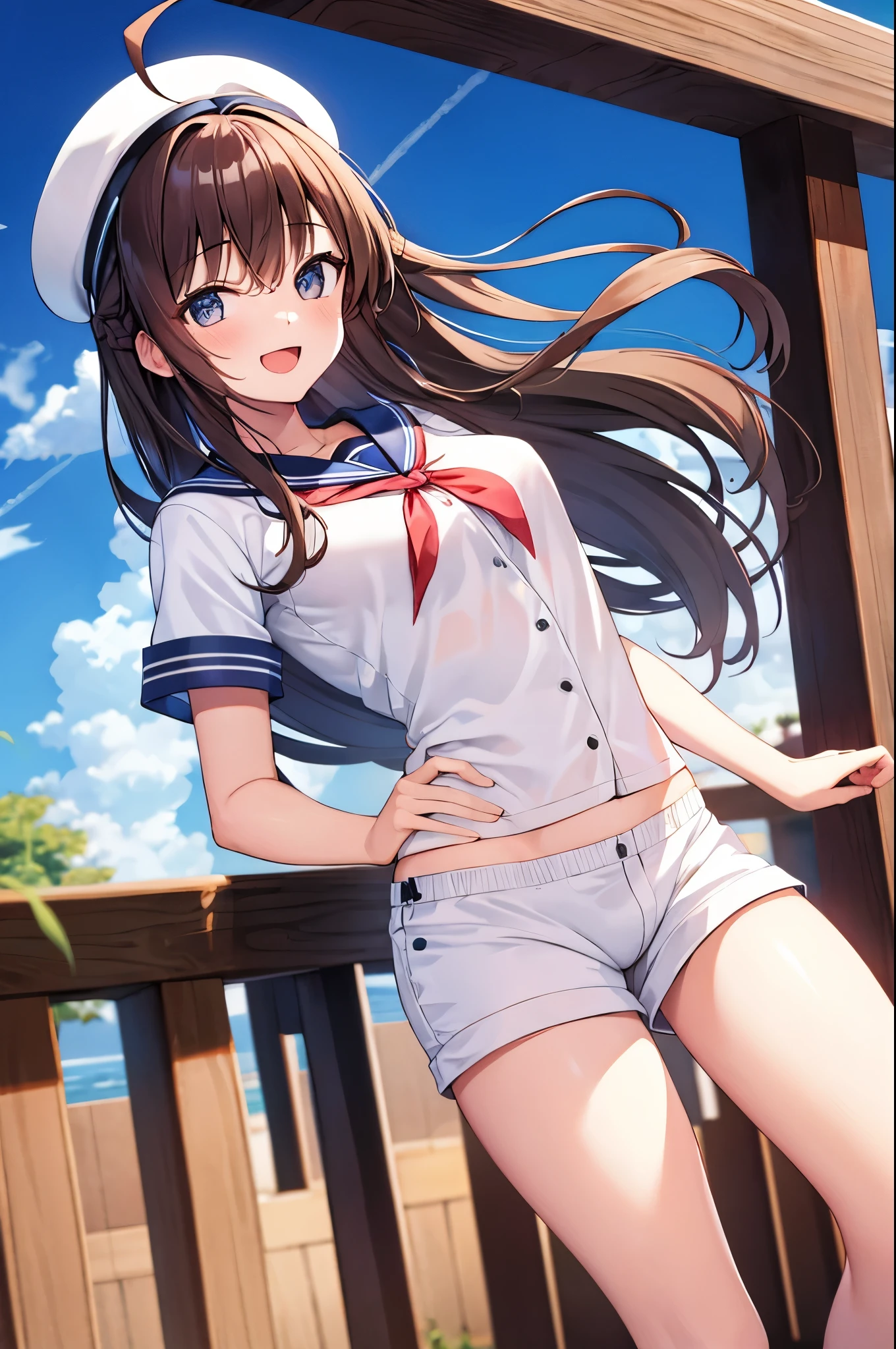 1young_teen_ girl,  brown_hair, long_hair, sailor_uniform,white_ baggy_shorts, short_sleeve, thighs, small_breasts, big_smile, open_mouth, standing, harbor_background, slightly_spread_legs, happiness, covered_crotch,ahoge,XD,exciting,