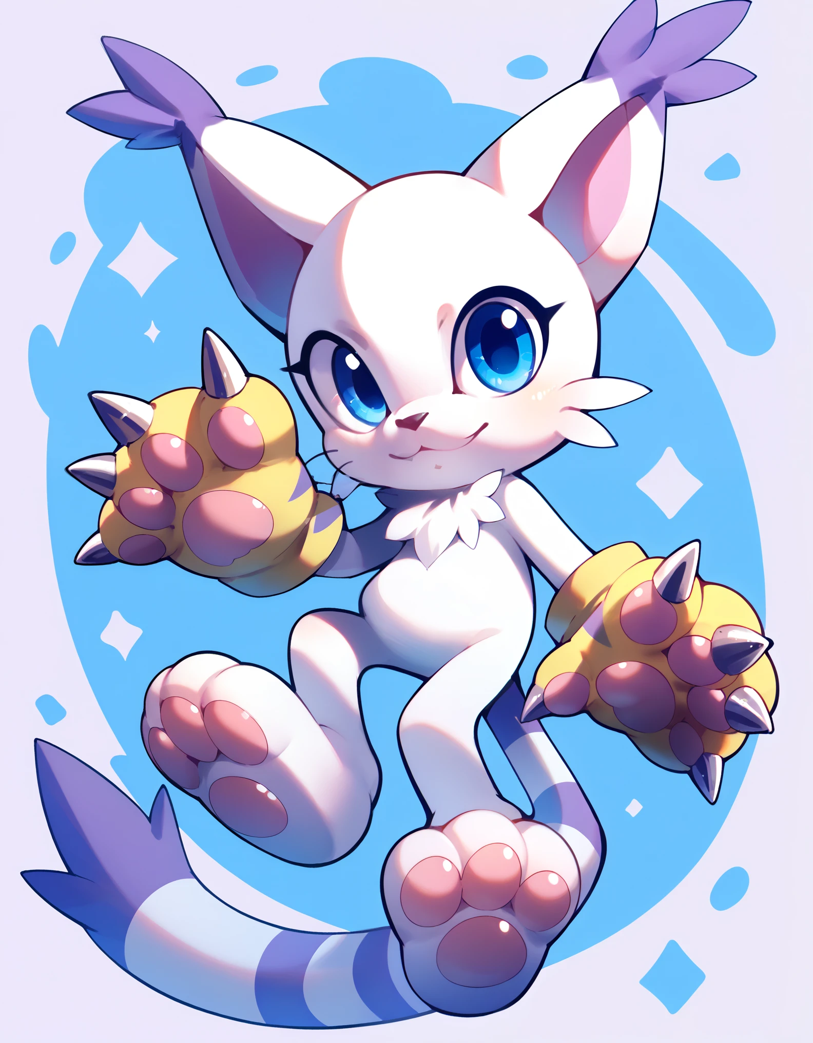 gatomon, feral, (digimon), solo, looking at viewer, blue eyes, white fur, striped tail, gloves, paw gloves, pawpads,,