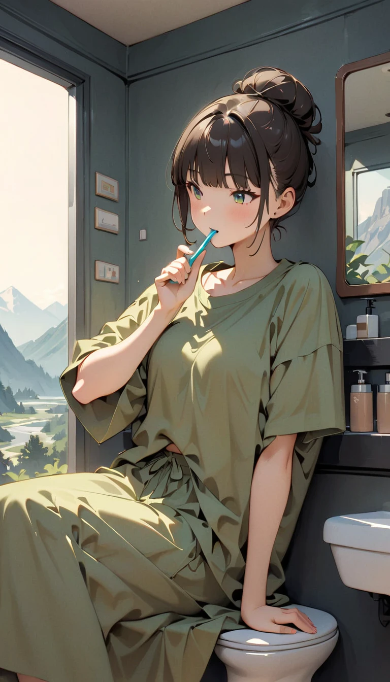 (Best Quality:1.2, Very detailed, Latest, Vibrant, masterpiece:1.2,Best aesthetics), Monochrome, girl, 20th Generation, Morning Scenery, Landscape, Holding a toothbrush in hand , (( brushing teeth with a toothbrush)), Wearing glasses, (( oblique horizontal upshot :1.2)), Hime cut, Bangs, Bun Hair,  all hair is bundled , Calm brown hair, Washroom, In front of the mirror((Retro, Vintage, Plain background, Monochromeアート,  anime character that stretches)).