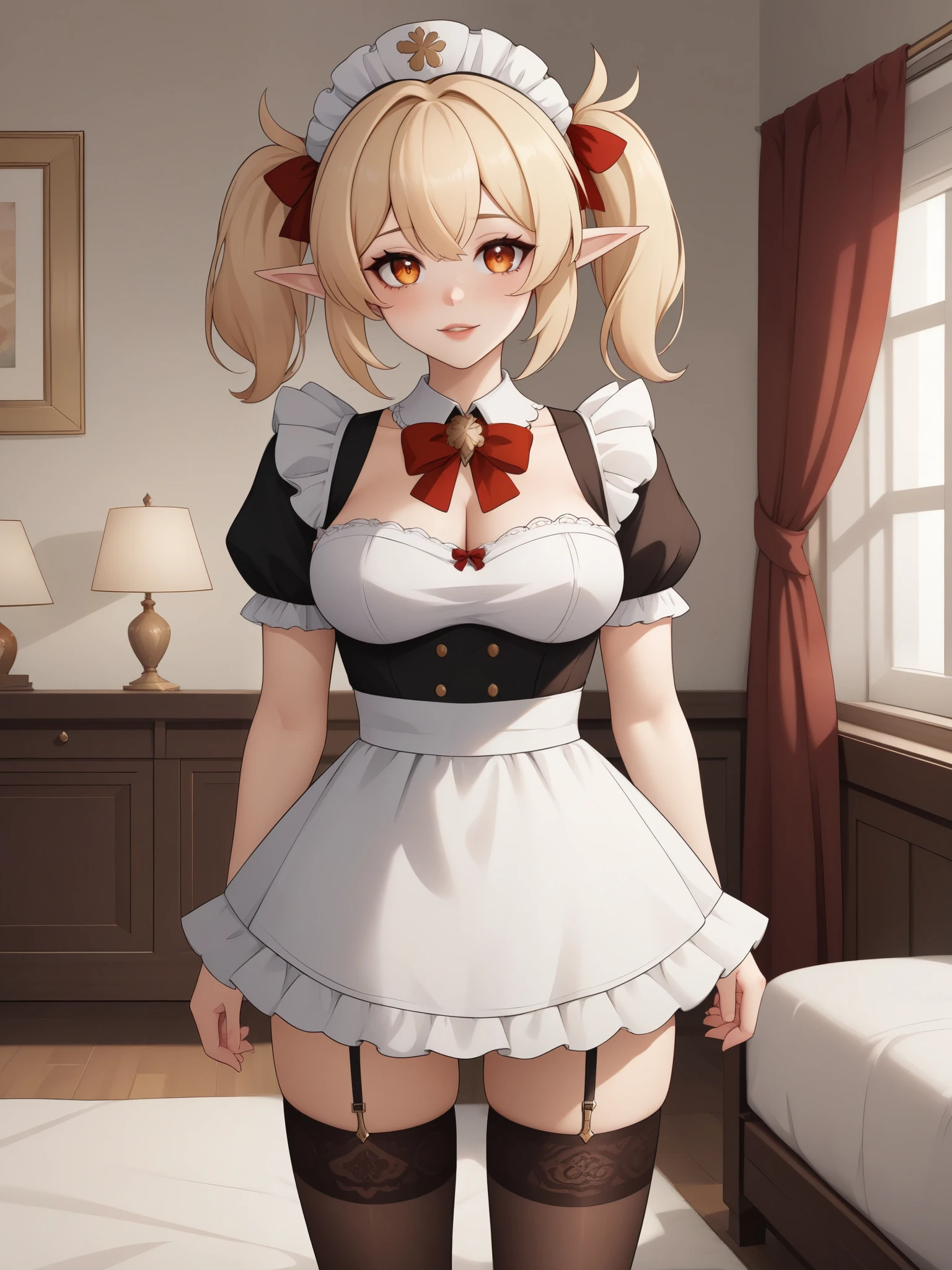 Klee. Genshin Impact. Age: she is ten years old. 
Appearance: pale skin, orange eyes, blonde hair in pigtails, and elf ears. 
Clothing: red maid dress. stockings.
bedroom