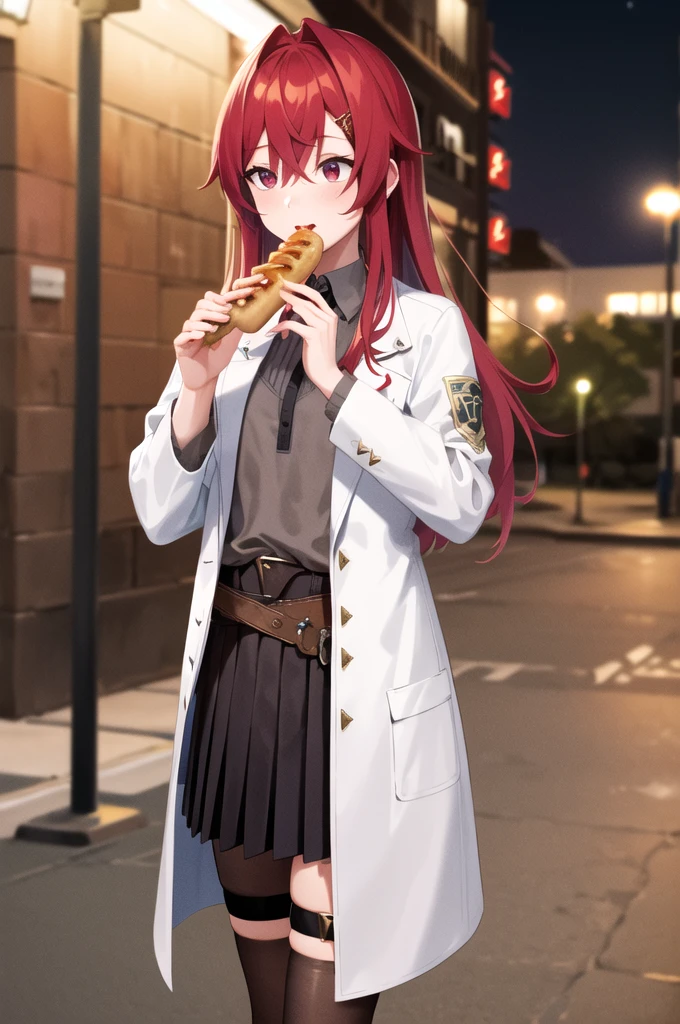 masterpiece, best quality, highres,pun , long hair, fringe, red eyes, gray shirt, lab coat, open clothes,  long sleeves , belt, Black skirt, pleated skirt, thigh strap, brown tights,  standing, cowboy atirou, on the street at night, Eating a barbecue kebab.